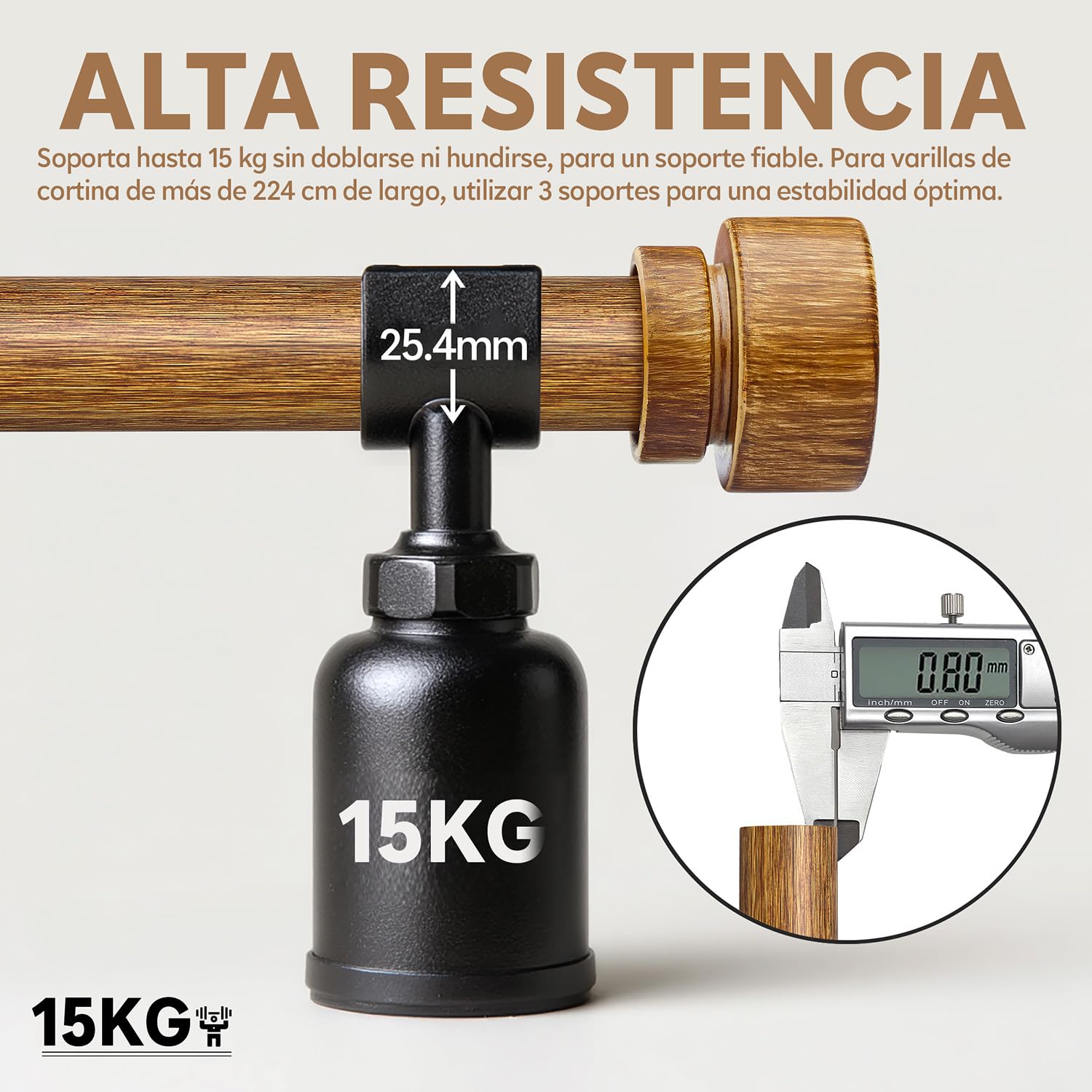 Barra Cortinas Extensible Con Acabado De Madera,Longitud Total 80-218 Cm, InstalacióN Mural,DiáMetro 25 Mm,Varilla MetáLica Gruesa,Apta Para Dormitorio, SalóN Y Cocina
