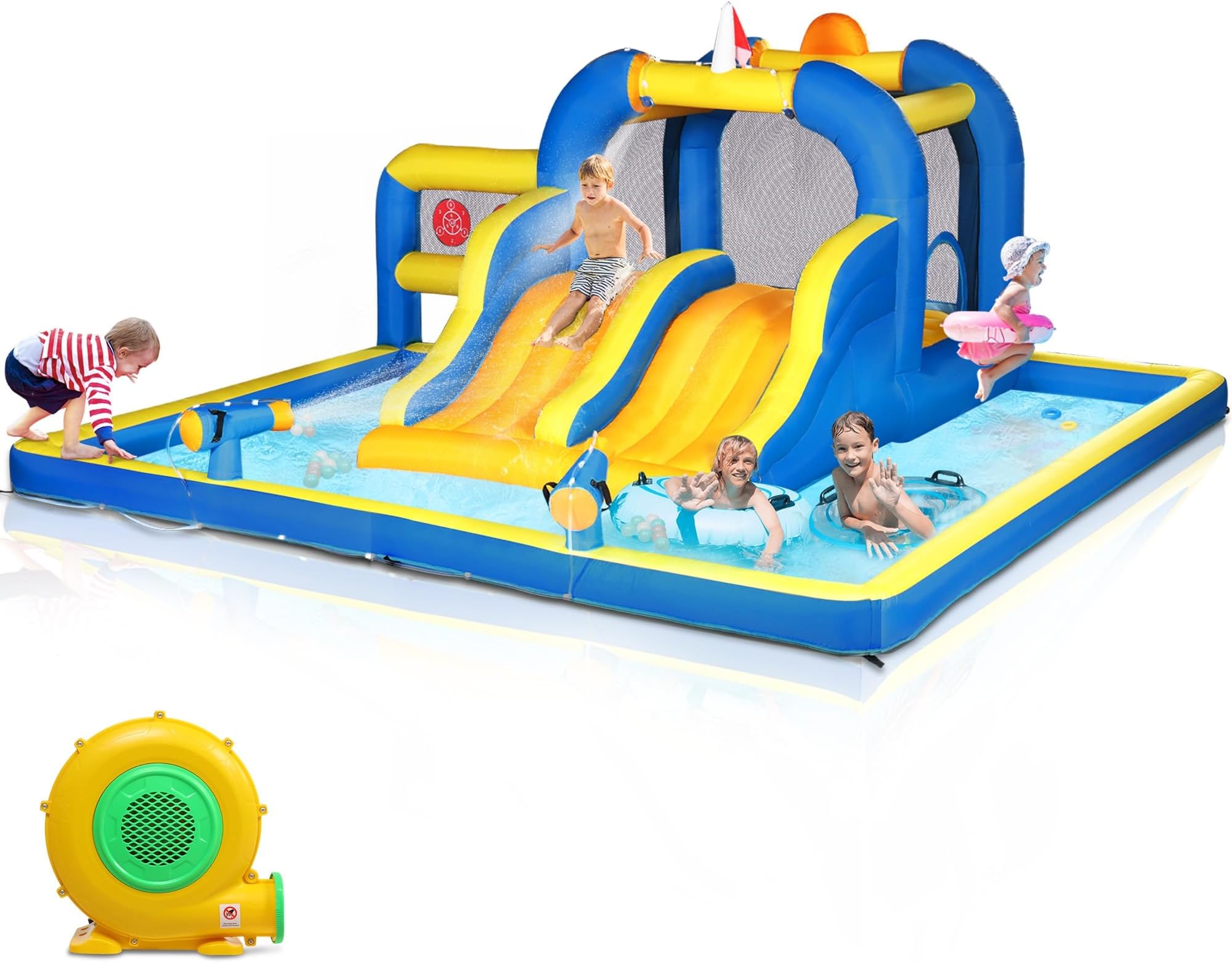 Ktaxon Inflatable Bounce House with Double Water Slide, Outdoor Inflatable Water Park Bouncy Castle w/Jumping Area, Splash Pool & Air Blower for Backyard, Lawn, Kids Age 3-8 (181"x181"x 86.7")