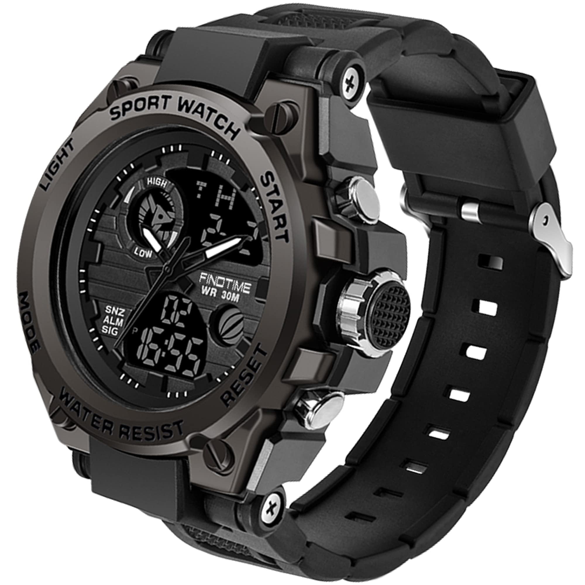 Orologio militare tattico sportivo da uomo, cronometro, quadrante grande, sveglia, doppio display ora, retroilluminazione, orologio da polso impermeabile per esterno, Nero , Cinghia