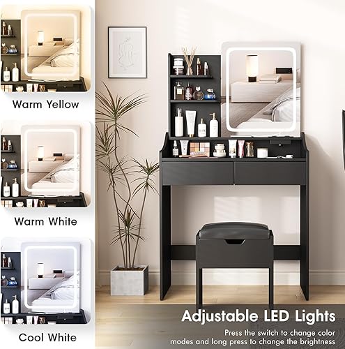 Miniatura 4 de Vabches Escritorio de tocador con espejo de luz LED y estación de carga, pequeño y bonito juego de tocador con 4 estantes de almacenamiento, 2