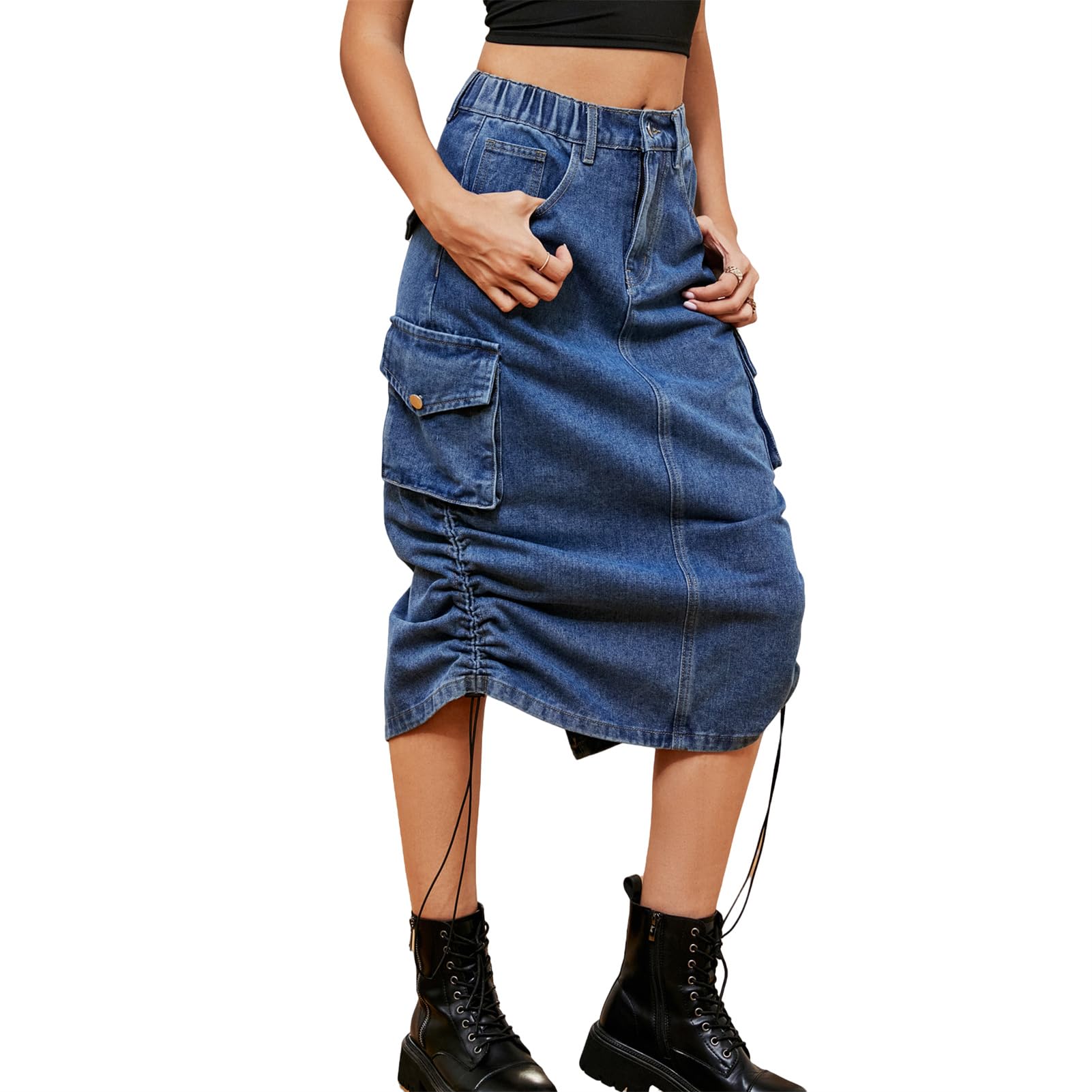 Jupe midi ample pour femme avec cordon de serrage - Jupe de parachute taille mi-haute - Jupe cargo en jean réglable - Jupe midi longue en jean