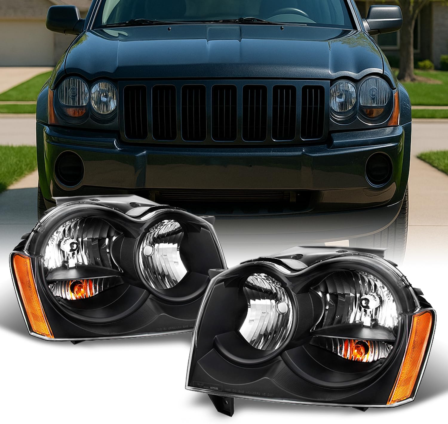 AKKON - For Jeep Grand Cherokee Replacement Headlights Driver/Passenger Black Head Lamps Pair New