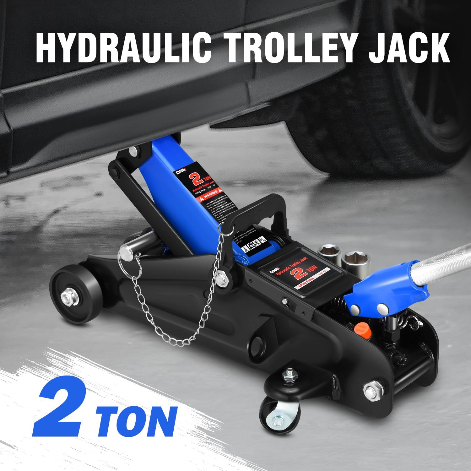 DNA MOTORING 2 Ton Low Profile Floor Jack - Hydraulic Trolley Jack With Sockets, Lifts 5.12" To 13", Blue