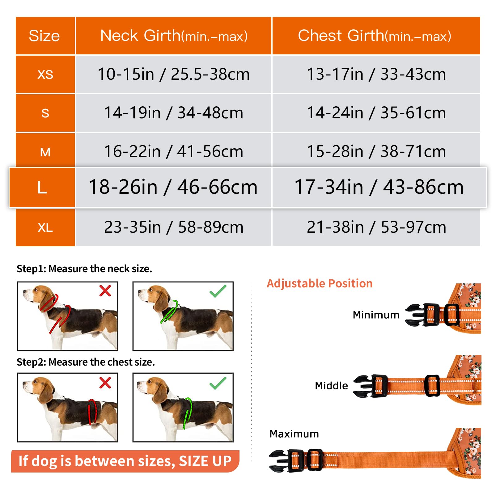 HEELE Pettorina Cane con Motivo Stampato, Riflettente Pettorina Addestramento Cani Anti Tiro con 2 Ganci in Metallo + Comodo Maniglia, Gilet per Cani Regolabile per Camminare, Fiori-Arancione, L
