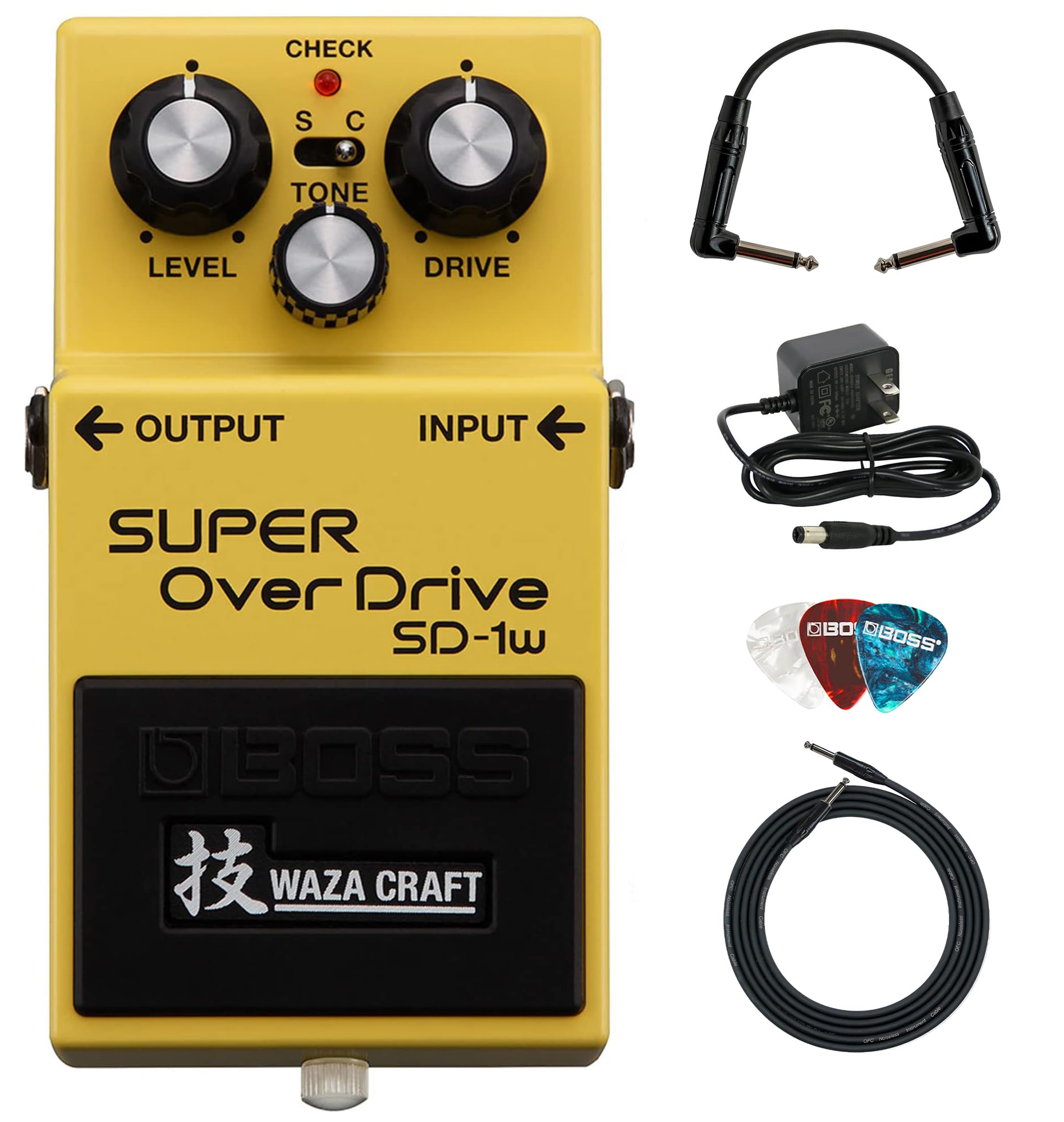 Boss SD-1W Waza Craft Super Overdrive Bundle with Gearlux Power Supply, Instrument Cable, Patch Cable, and Picks