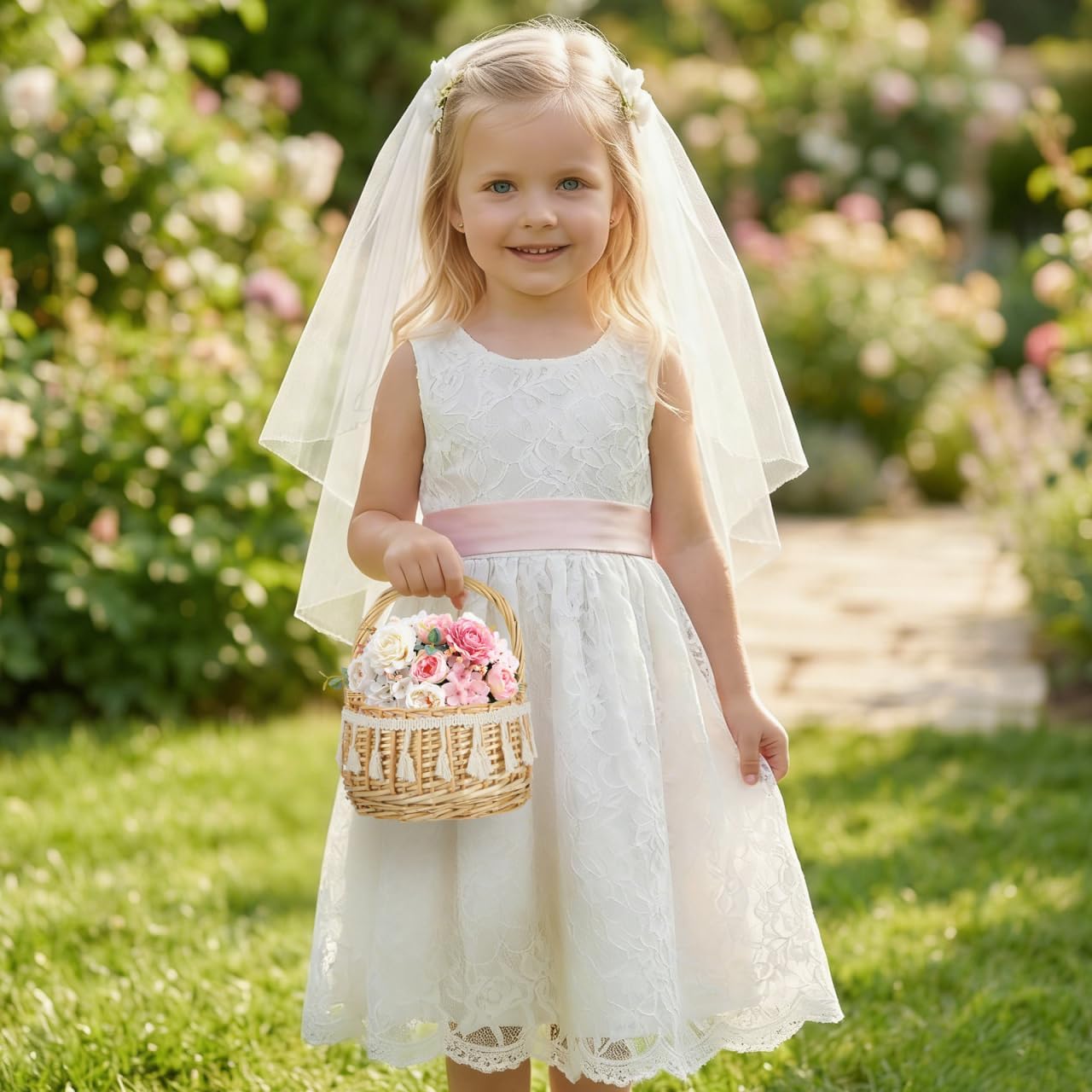 Small Woven Flower Girl Basket with Handle, 8.3 Inch Rustic Wicker Easter Egg Hunt Basket for Toddlers, Boho Rattan Flower Basket with Plastic Liner for Wedding Ceremony