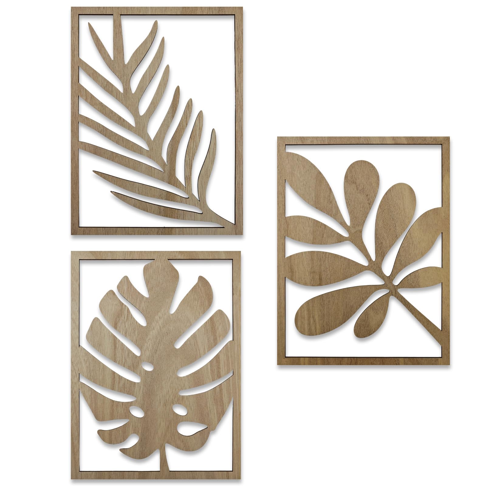 Huakaile 3 Packs 11.81'' x 8.66''/30 x 22 CM Tropical Wall Art Decor, 3D Leaf Wooden Carved Wood Wall Art Sculpture for Living Room Bathroom Bedroom Home Rustic Decorations (Light Brown)