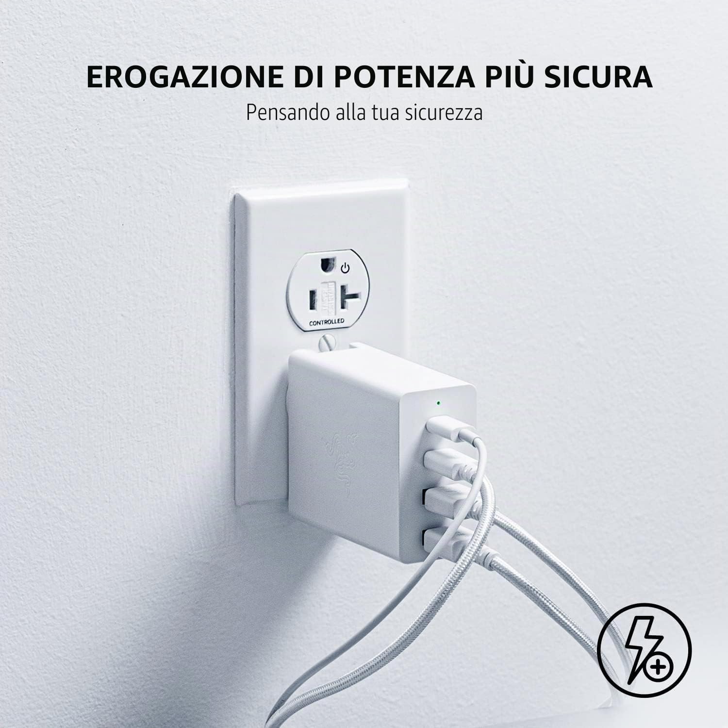 Razer Caricabatterie USB-C GaN - USB-C 130W GaN Charger, Caricatore rapido portatile (2X USB-C, 2X USB-A con porte USA, UE e UK) Bianco