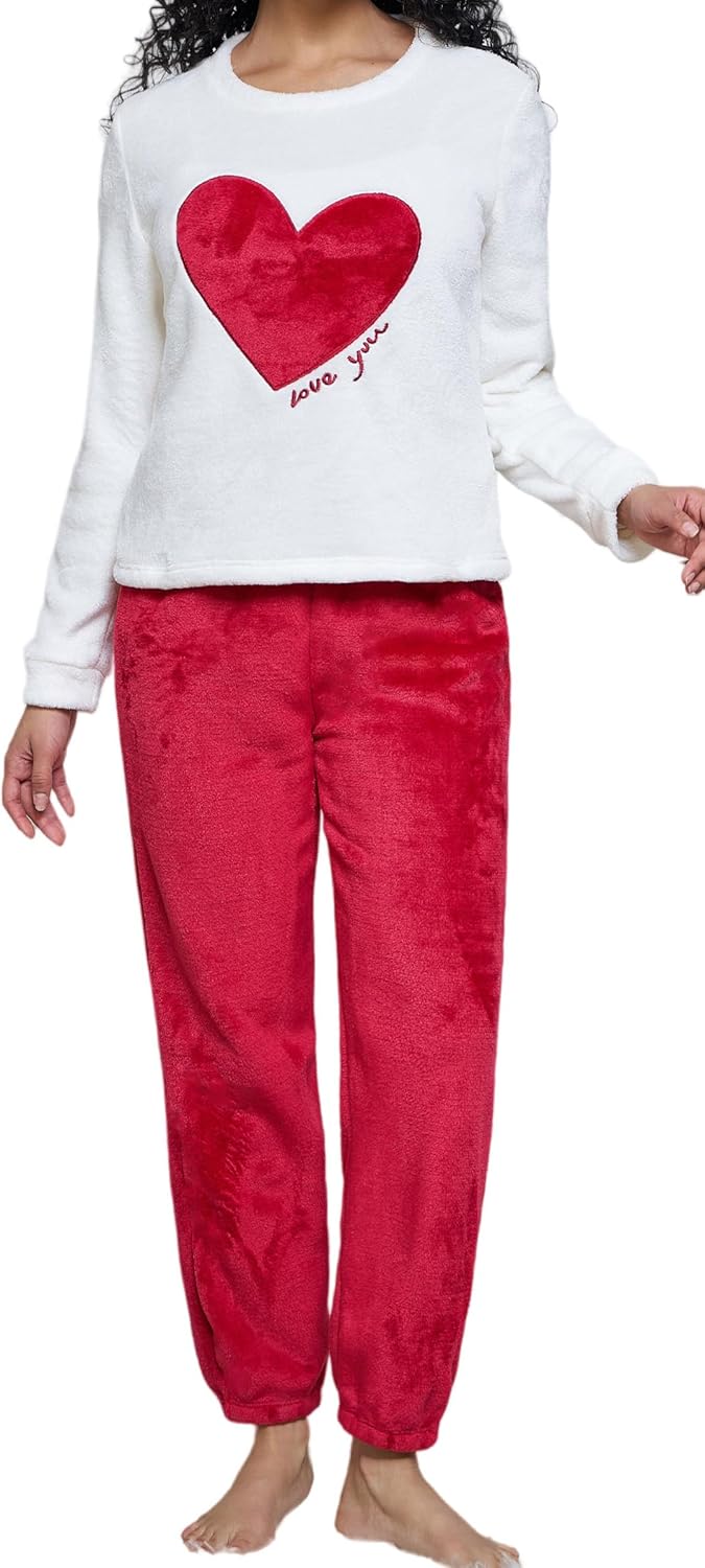 Ausing dames flanel pyjama set slaapkleding lang knuffelbaar tweedelig warm nachtkleding sleepwear pluche zacht huispak loungewear vrijetijdskleding, roze, L