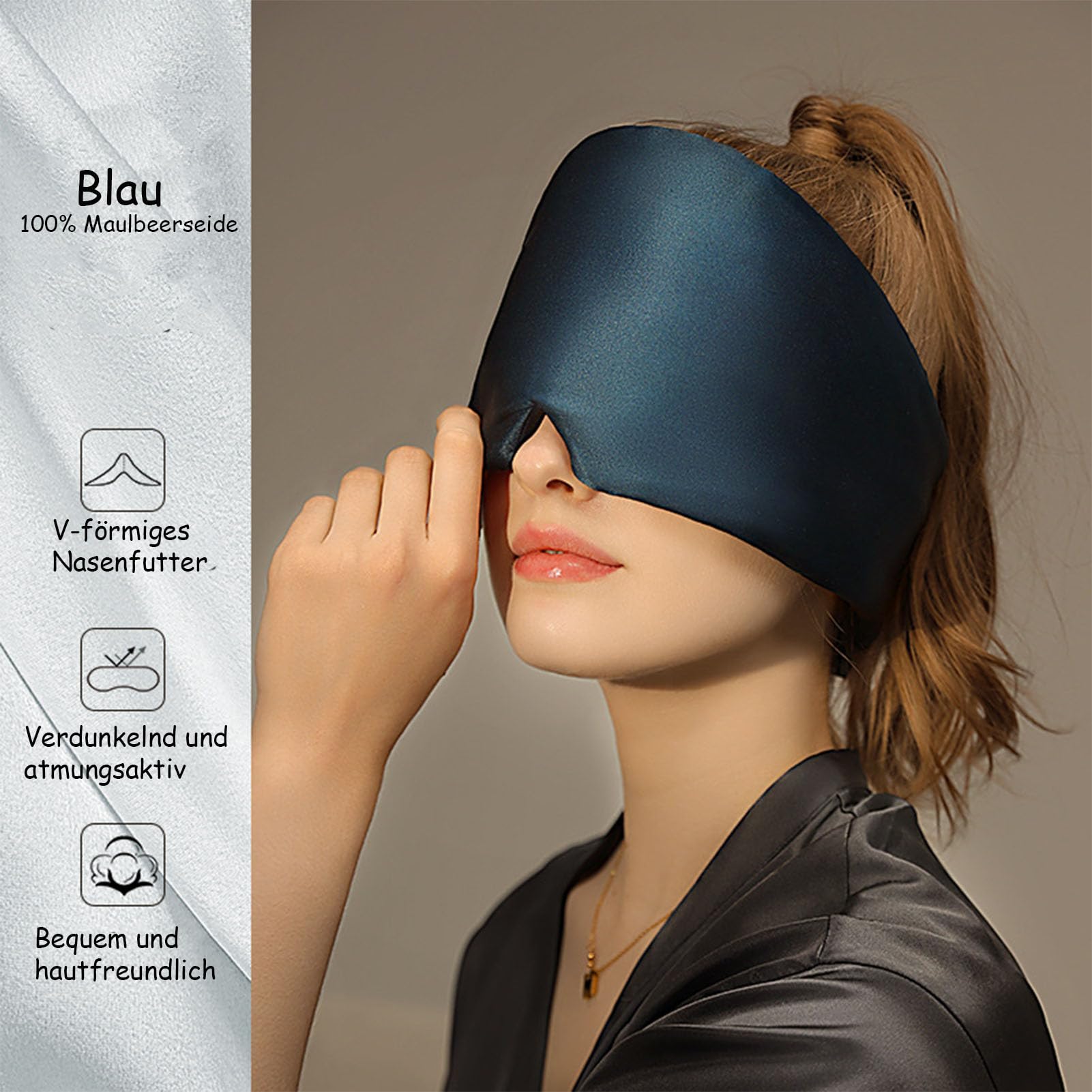 Maschera Per Dormire In 100% Seta Di Gelso Biologica - Aosun, Con Fascia Regolabile, Per Viaggi E Notte, Blu Notte
