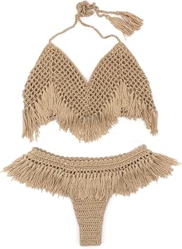 OLEETS Womens Crochet Bikini Set - Summer Two Piece Swimsuit Tassel Sexy Lace-Up Beachwear V Neck Vintage Sling Swimm