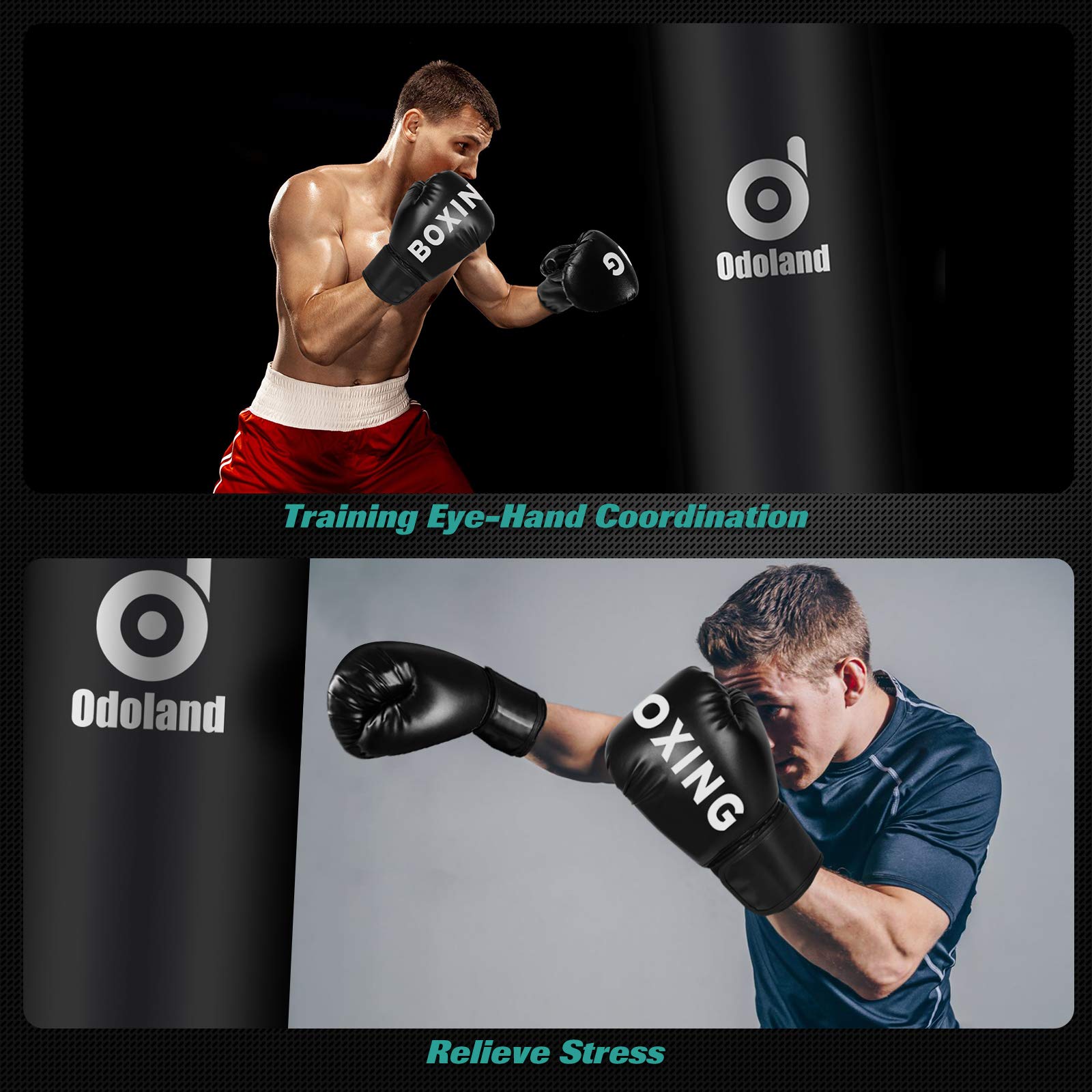 Odoland Sacco da Boxe Non Riempito con Guantoni, Reflex Ball, Fasce, Corda per Saltare, Catena Gancio Soffitto Punching Bag per Allenamenti Muay Thai Kickboxing (120CM)