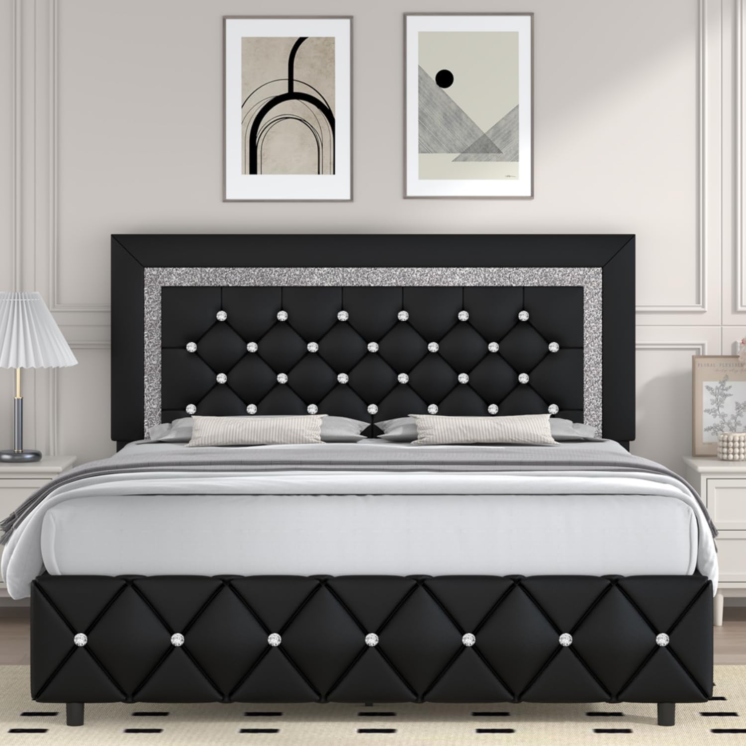 Full Bed Frame, Faux Leather Platform Bed with Upholstered Diamond Headboard, Mattress Foundation with Strong Wooden Slats Support, No Box Spring Required, Easy Assembly, Black