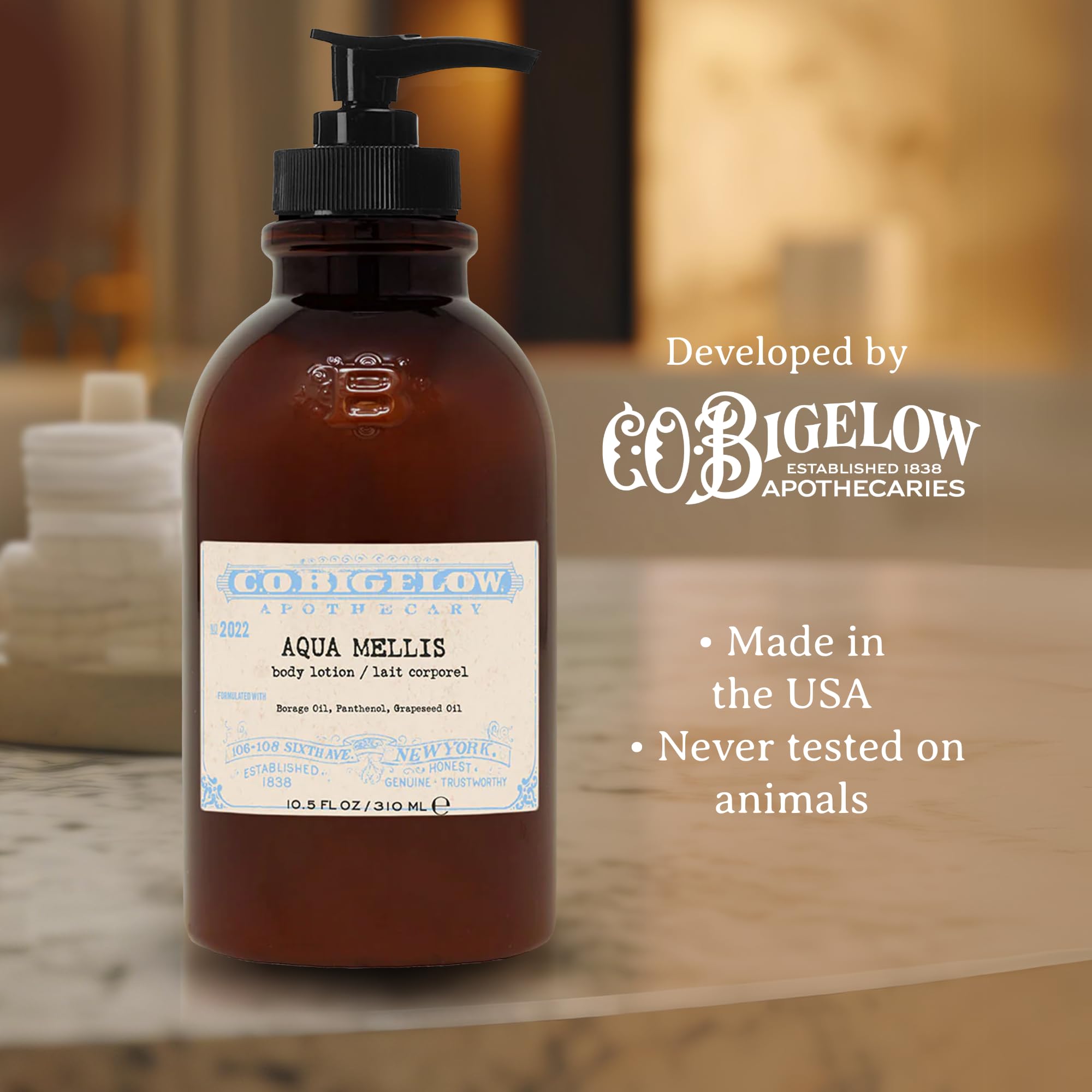 C. O. Bigelow Körperlotion Co Bigelow Aqua Mellis, ikonische Kollektion, feuchtigkeitsspendende Körperlotion mit Sheabutter, Borretschöl und Traubenkernöl, 300 ml.