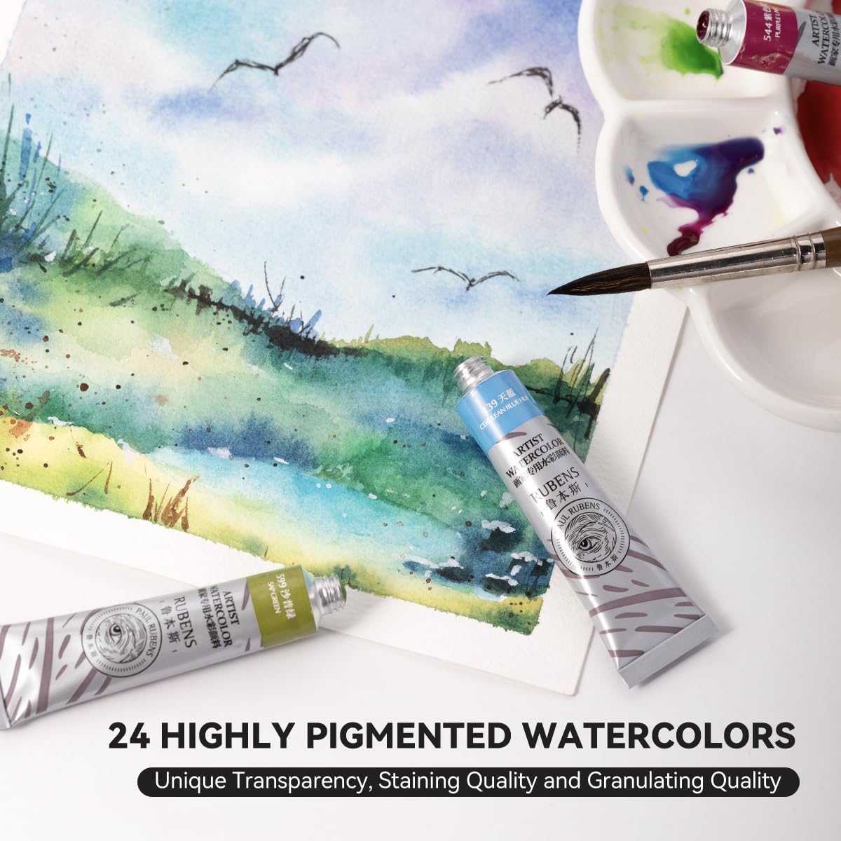 Paul Rubens Watercolor Paint Set 24 Vibrant Colors 12ml / 0.4 Fl Oz Tubes, Watercolor Tubes with Great Value, Water Color Paints Art Supplies for Adults, Artists & Beginners & Academy Grade