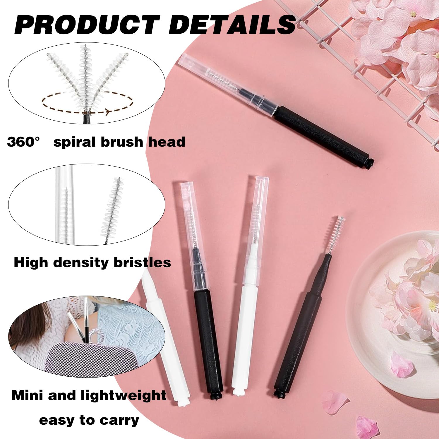 Lot de 60 micro-brosses à sourcils | Brosse à cils avec capuchon | Mini-brosse à cils pour extensions de cils | Brosses à cils pour femmes (noir, blanc)