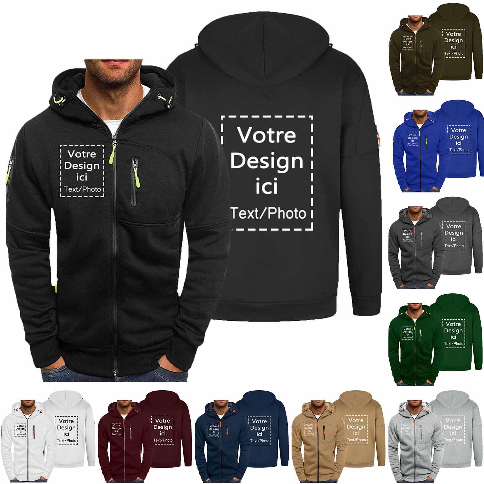 Générique Sweat à Capuche Homme Personnalisé avec Votre Image Recto-Verso Sweat Zippé Ajoutez Votre Propre Photo/Texte/Logo Sport Pull Hoody Mode Automne Hiver Sportswear