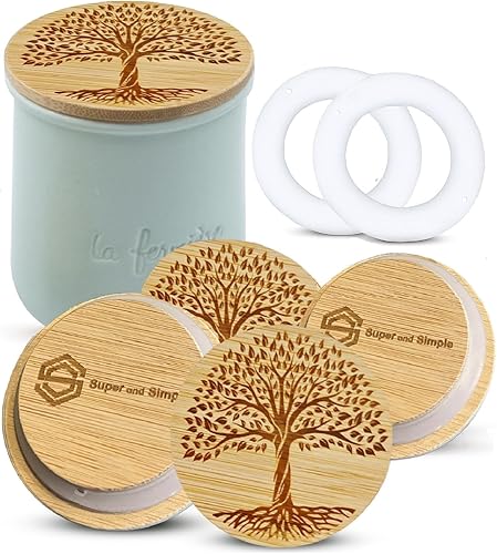 La Fermiere Tapas para tarros de yogur de bambú Paquete de 4 Diseño del árbol de la vida Tapas de bambú grabadas para tarros de cerámica La