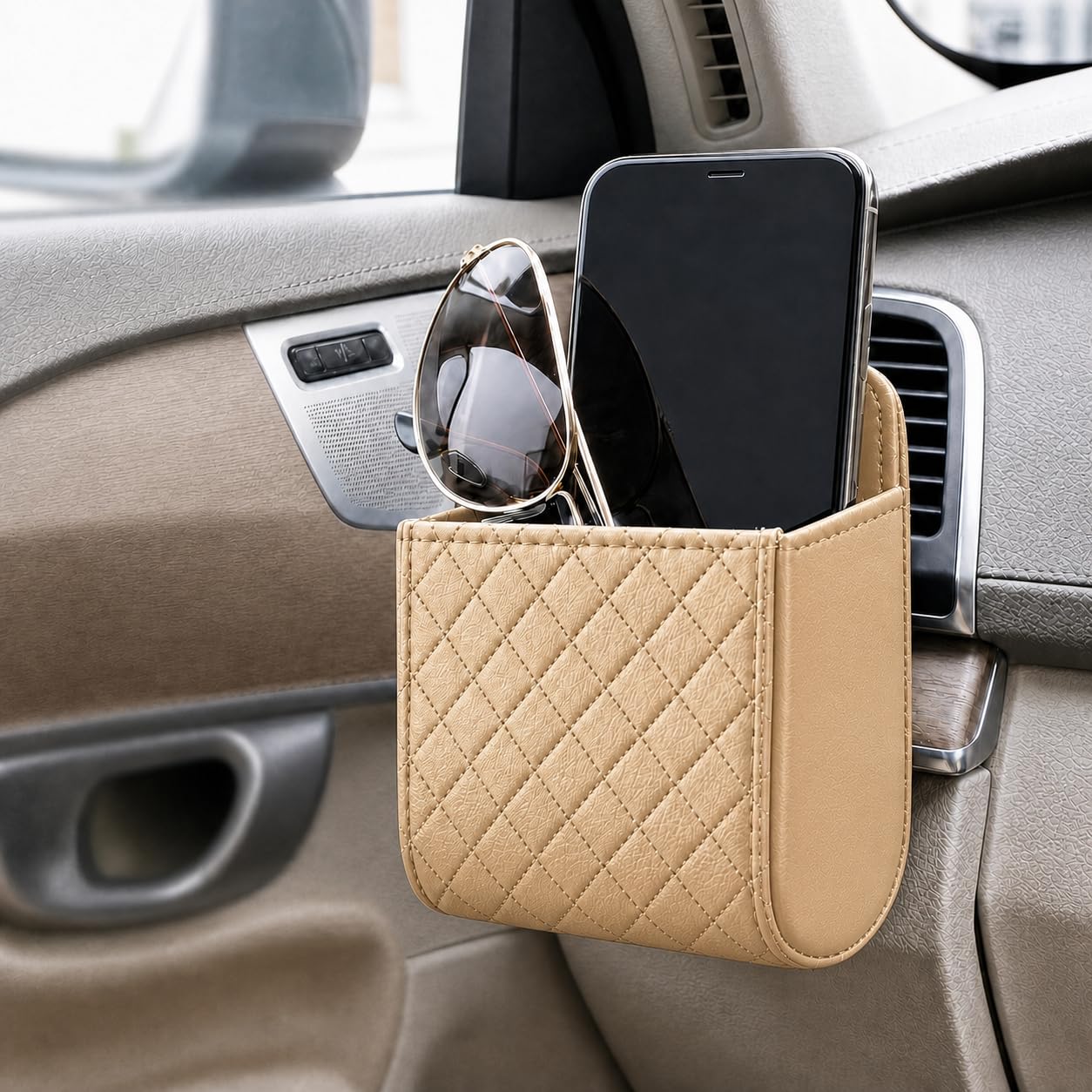 Car Air Vent Storage Organizer, PU Leather Hanging Phone Holder and Small Item Pouch for Glasses, Pens and Cards