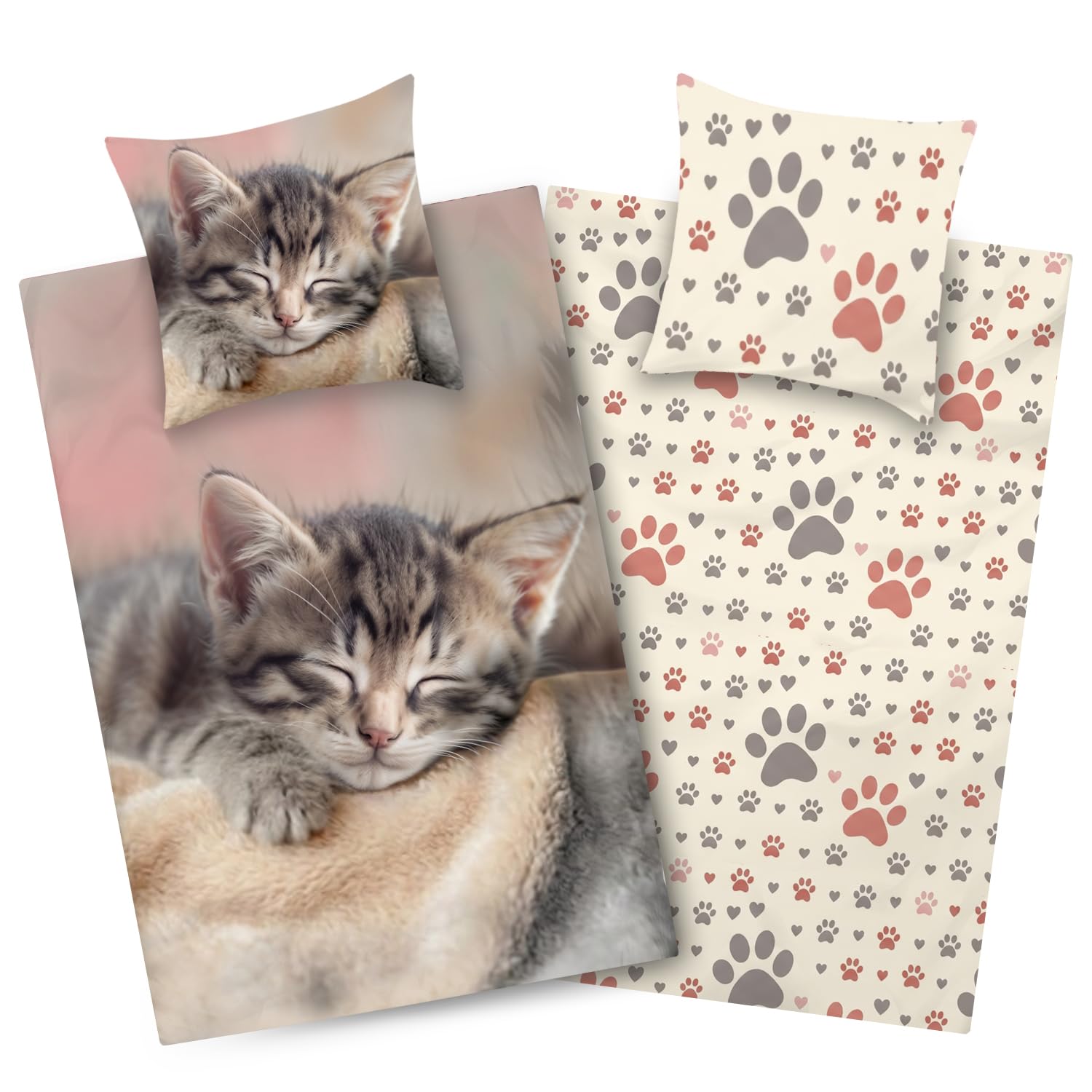 Aminata kids Bettwäsche 135x200 Katzen-Motiv Mädchen 100% Baumwolle