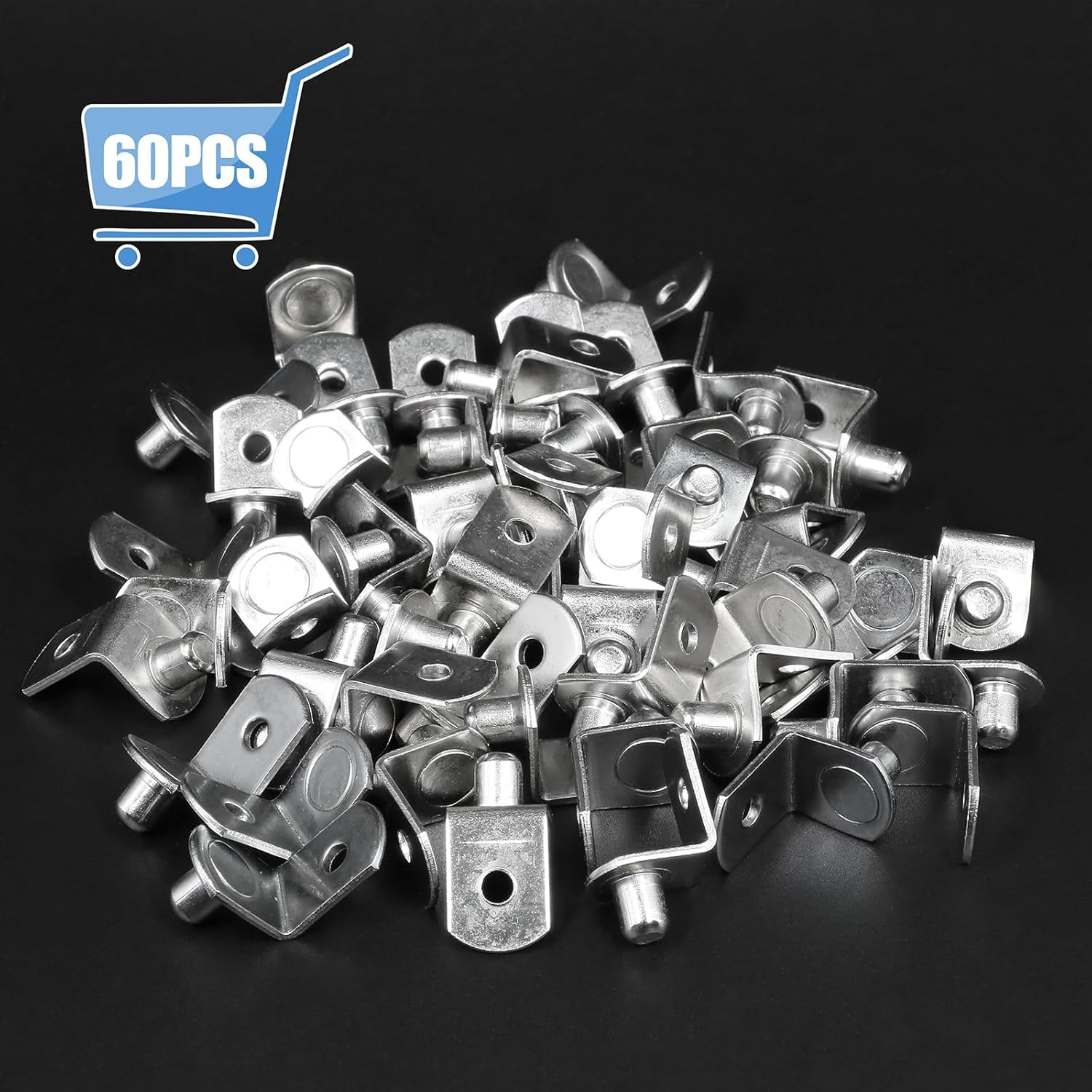 60pcs L-Shaped Shelf Support Pegs, 1/4 Inch Shelf Bracket Pegs with Hole, Silver Bracket Style Shelf Pegs, Nickel Plated Metal Shelf Pins Holders for Shelves Cabinet Closet - 60pcs, 6.35mm