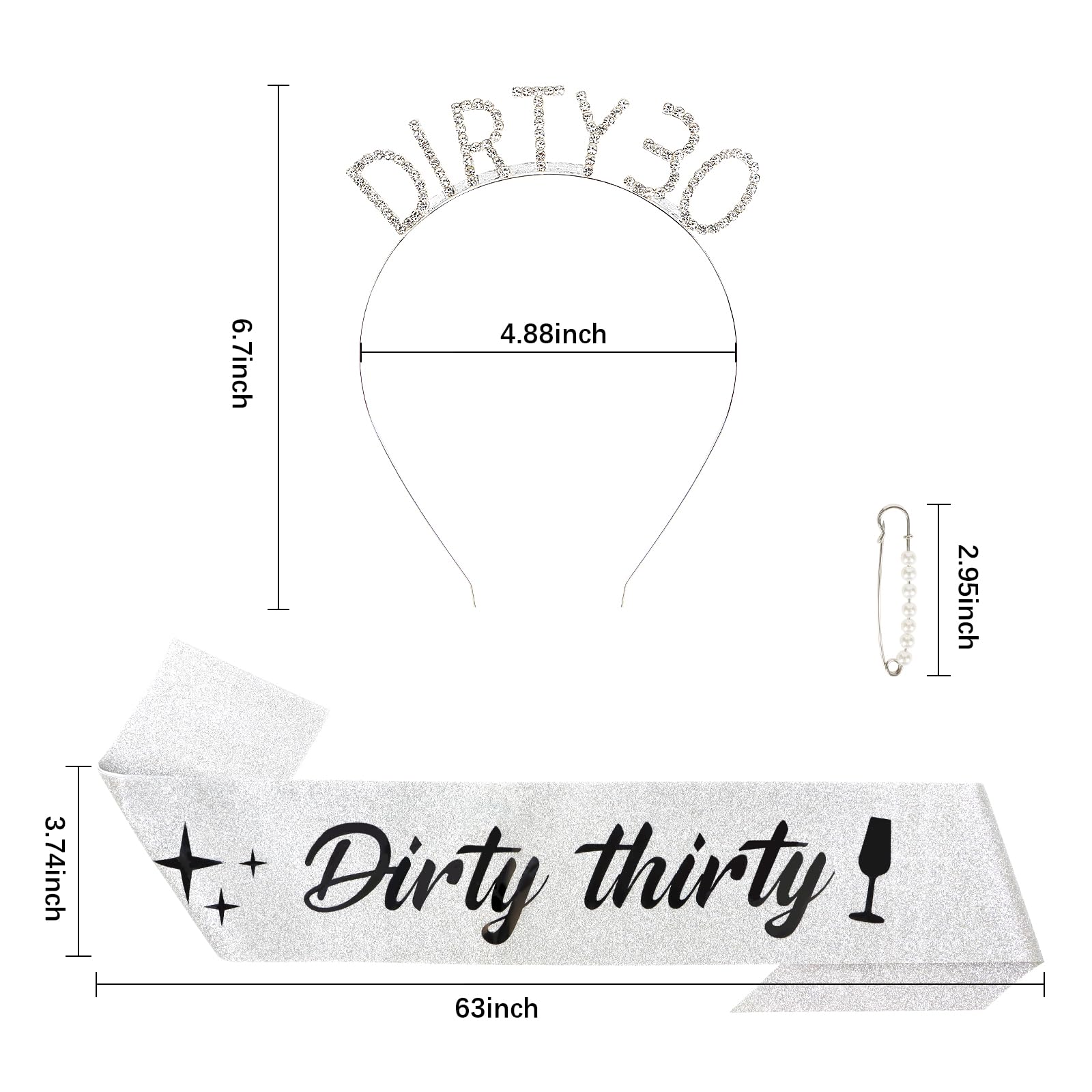 Semato Silver 30th Birthday Sash & Rhinestone Dirty 30 Birthday Headband Kit Dirty 30 Birthday Decorations for Her