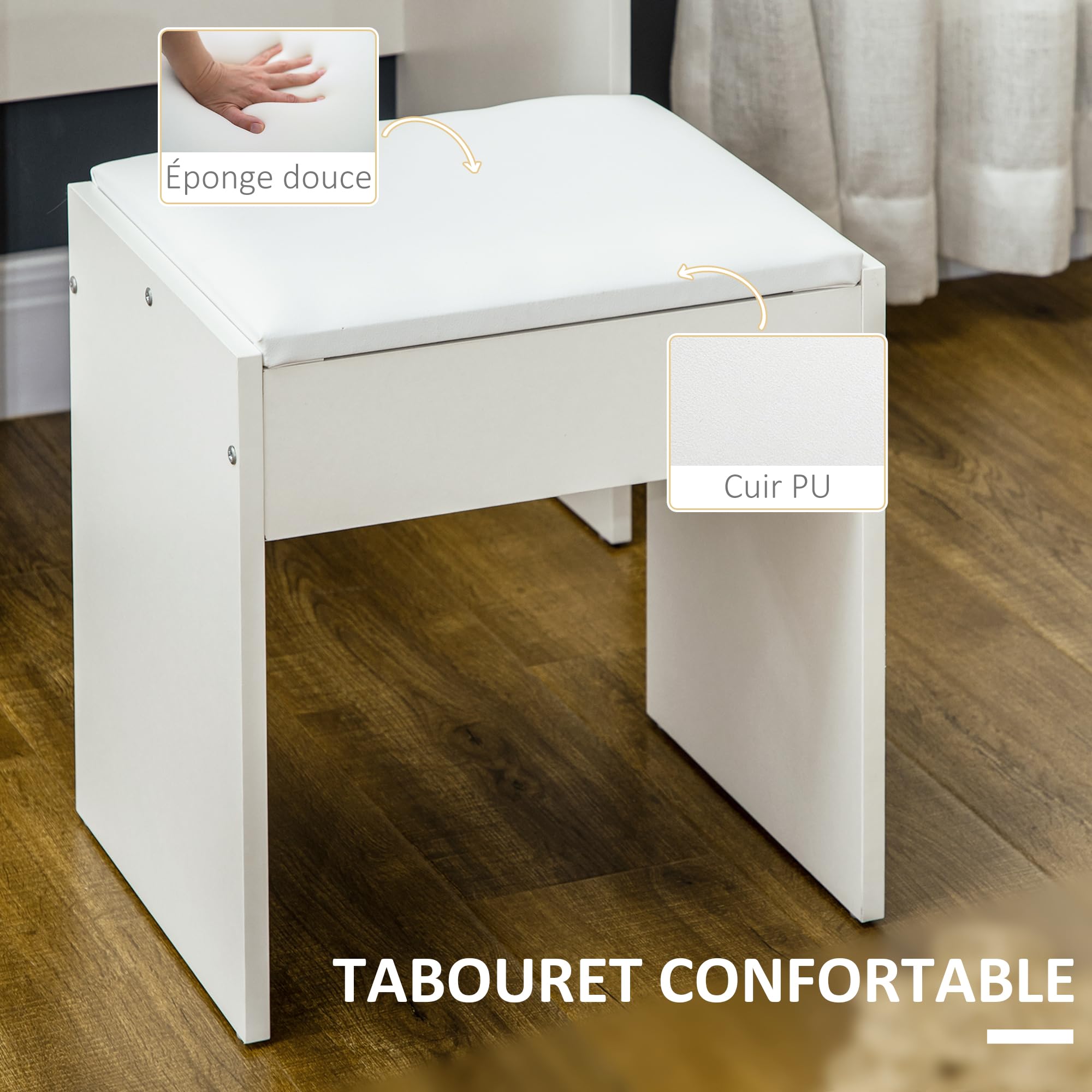 HOMCOM Ensemble de Coiffeuse Grand Miroir Tabouret Rembourré Blanc | Table de Maquillage, Plusieurs Étagères Ouvertes, 4 Tiroirs