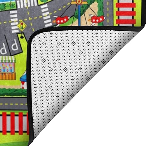 Miniatura 5 de Alfombra para niños, alfombra de parque de atracciones de carnaval, alfombra para niños de 5 x 7 pies con respaldo de goma, carrusel de rueda de la