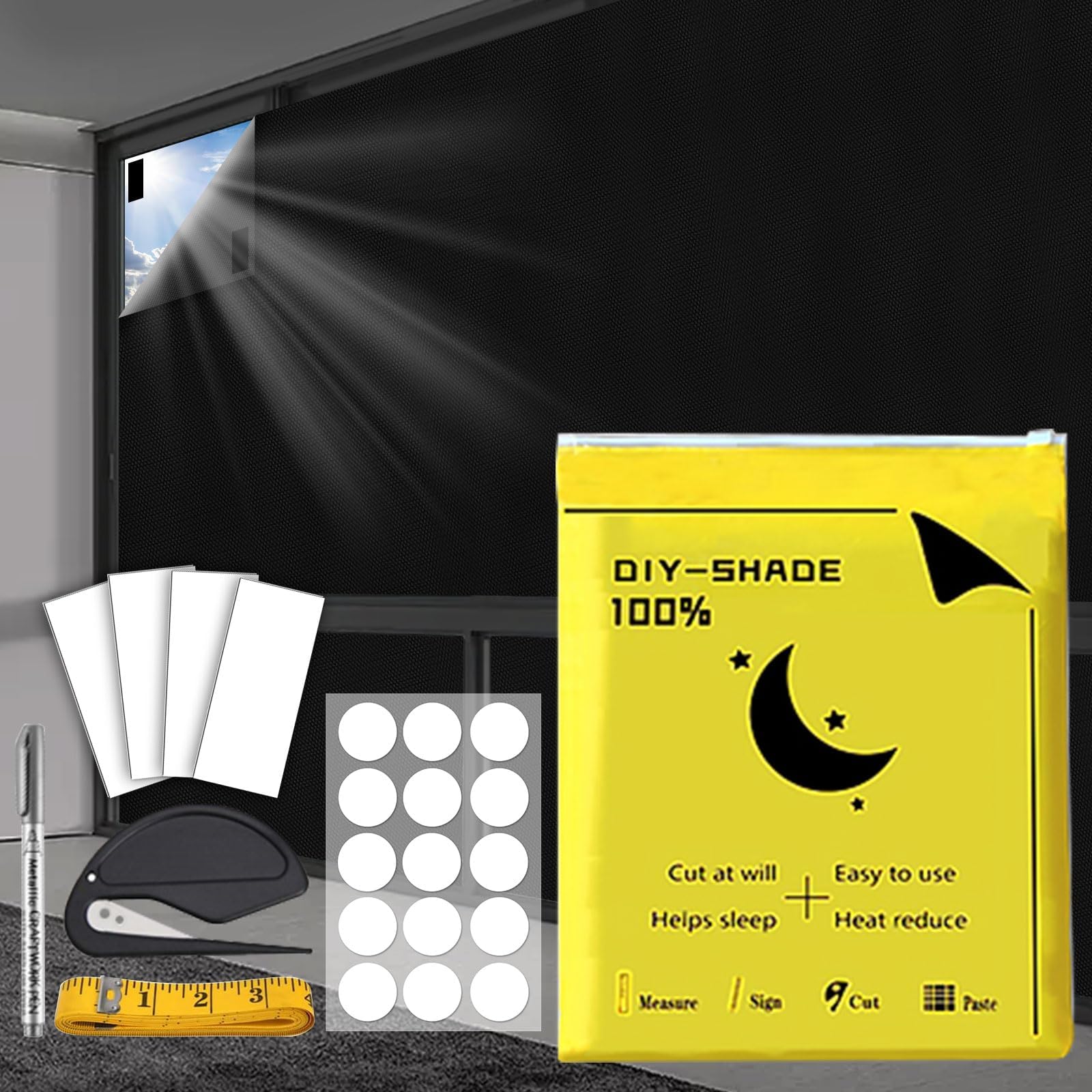 Window Blinds, 100% Blackout Curtains for Bedroom, Portable DIY Window Blinds, No Drill Window Shades & Blackout Blinds with Stickers & Tabs for Baby Nursery, Travel, Dorm Room (145 * 300CM)