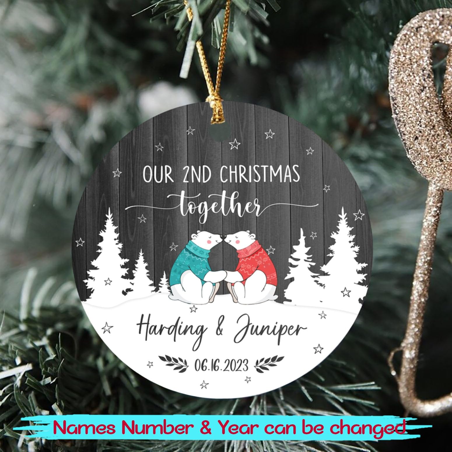 Personalized Our 2nd Christmas Polar Bear Together Ornament 2025 - Custom Names Date Anniversary Couple Gift for Xmas