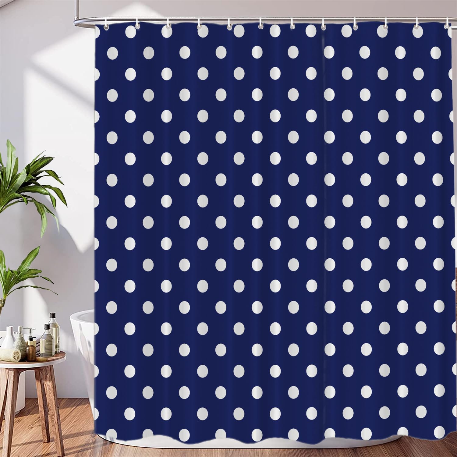 White Navy Blue Decor Shower Curtain Set,Navy Blue and White Polka Dot Polyester Shower Curtain for Shower Stall Bathroom Waterproof with 12 Hooks 72x72 Inch