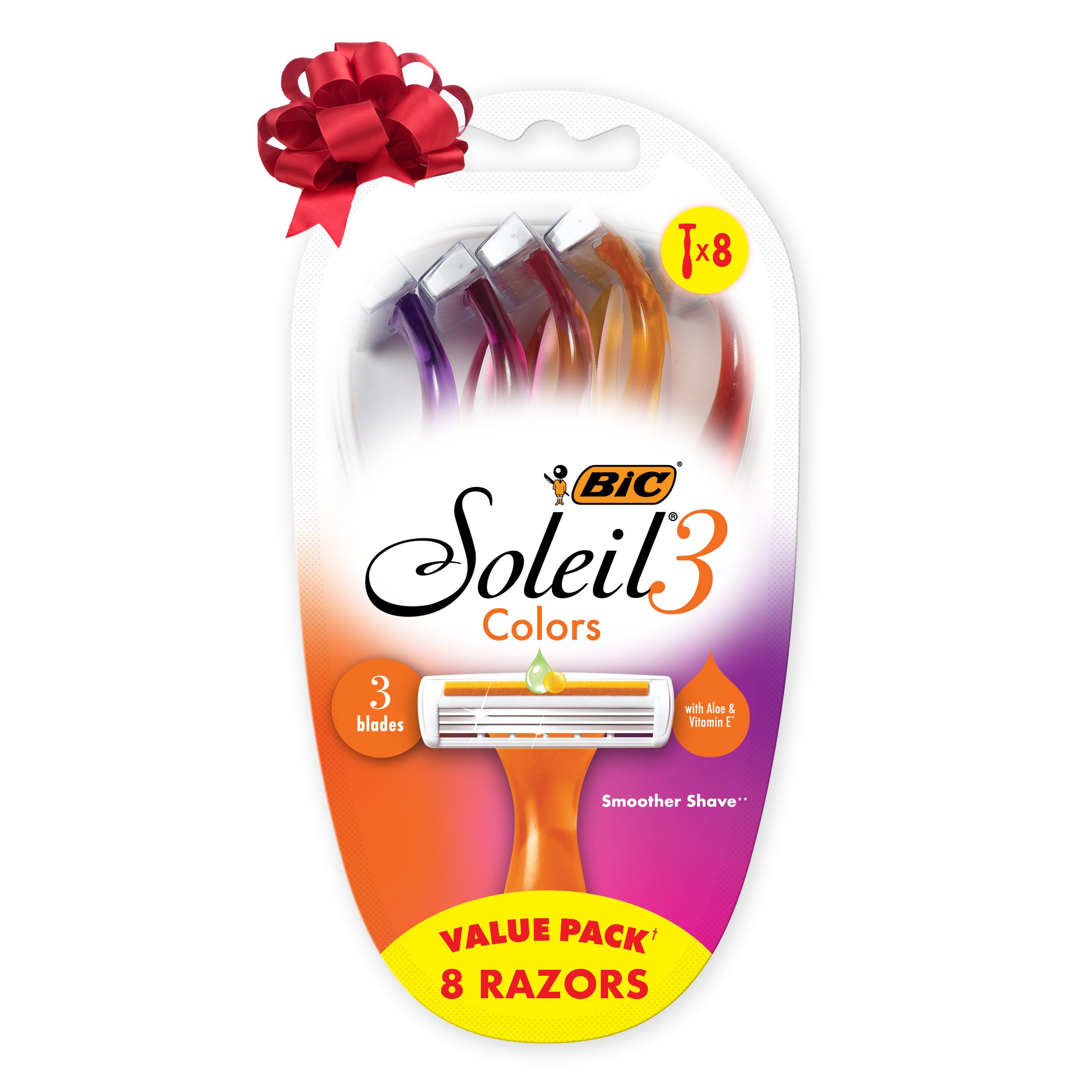 BIC Soleil 3 Colors Womens Disposable 3 Blade Razors Aloe Vera Vitamin E Lubricating Strip Colorful Stocking Stuffers