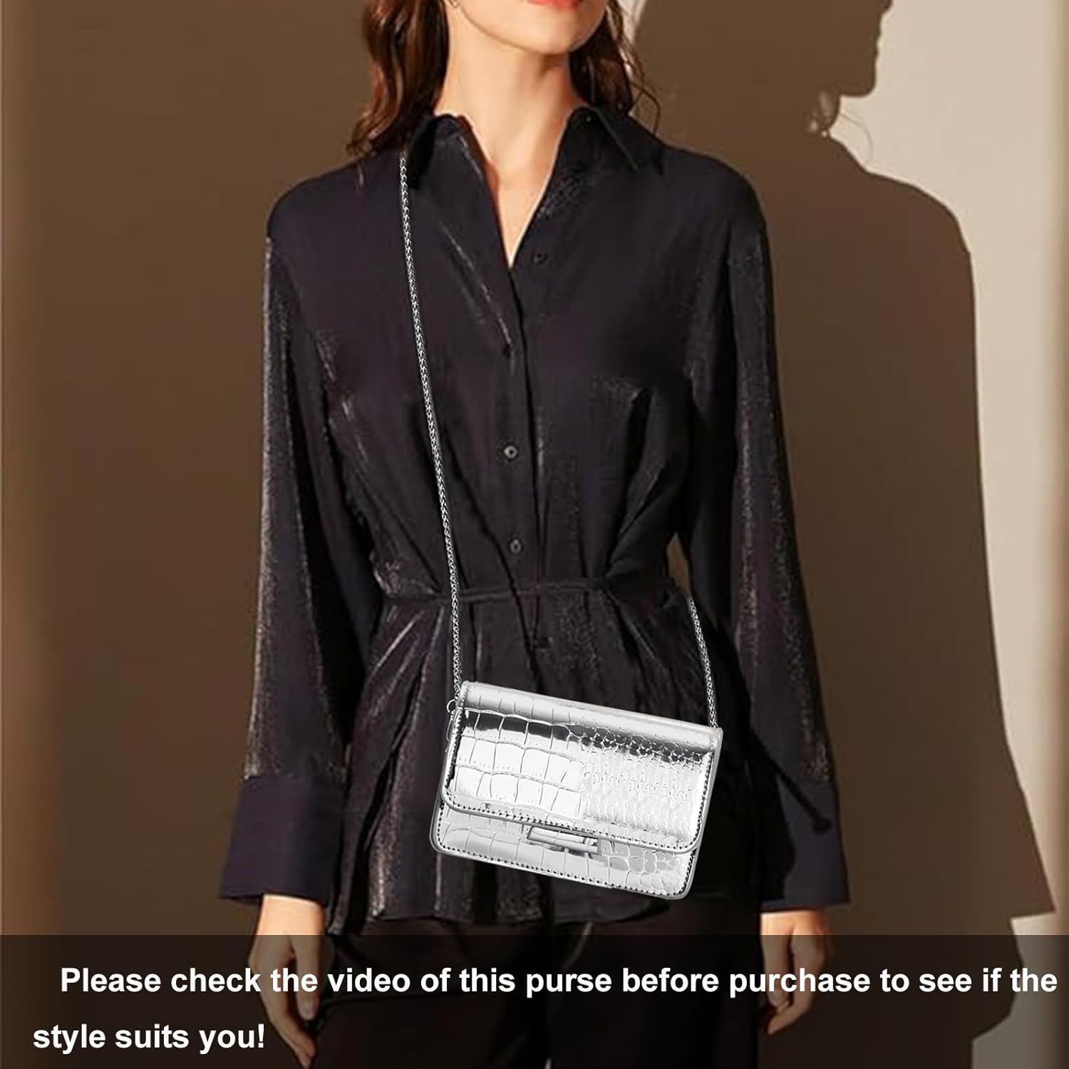 Small Crossbody Purse Bag for Women,Y2K Cute Metallic Croc-Embossed Handbag with Chain Strap - Image 5