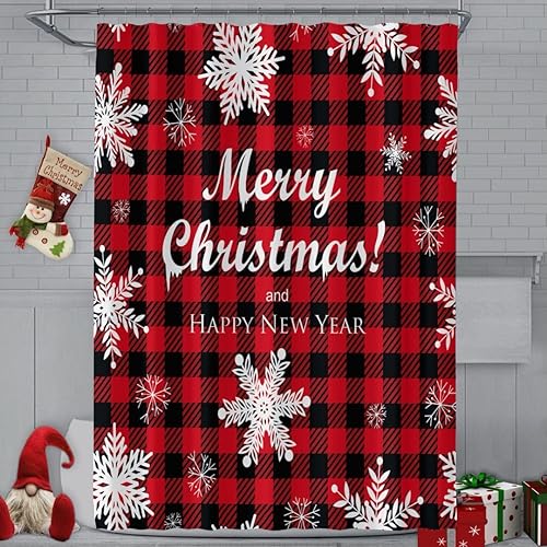 Miniatura 2 de YOSTEV Cortina de ducha de Navidad, cortinas de ducha de copos de nieve de Navidad de búfalo rojo para decoración de baño, cortina de baño de tela