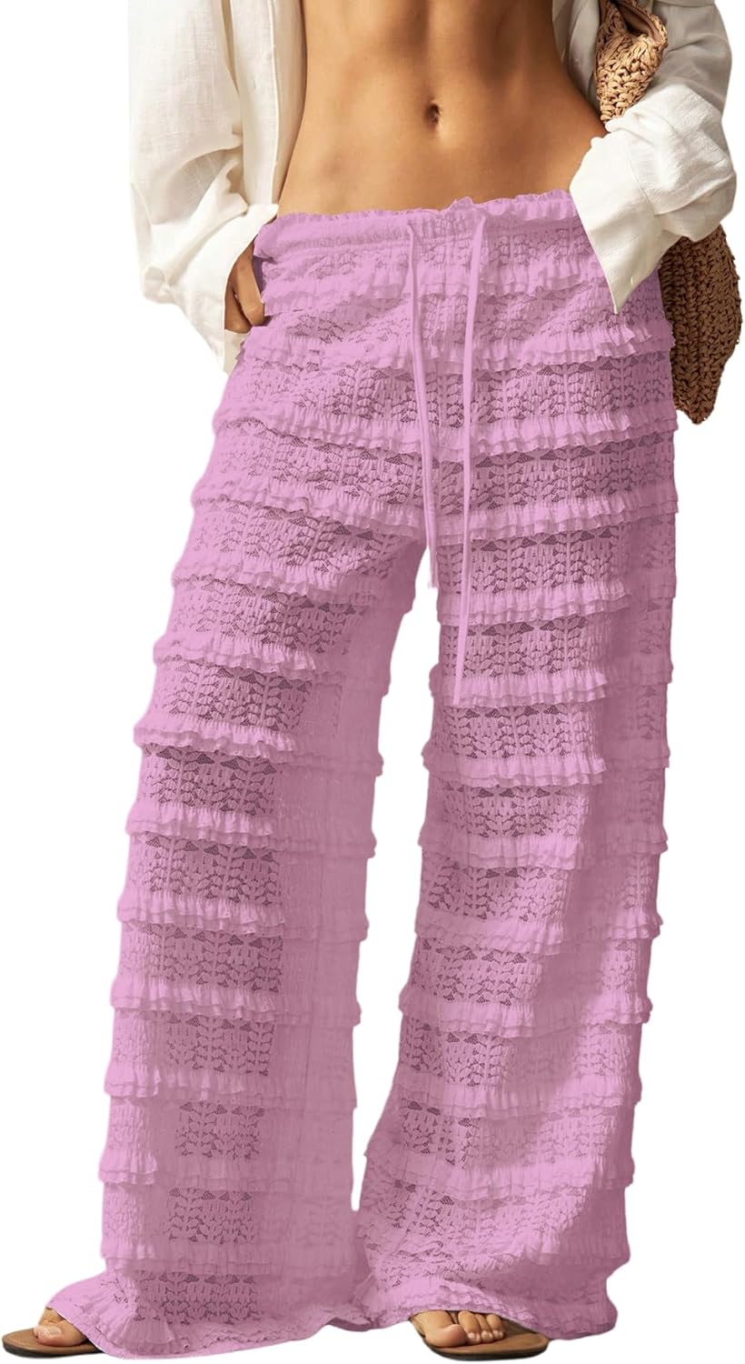 RoseSeek Women's Crochet Lace Pants Ruffle Layered Elastic Waist Mesh Bathing Suit Cover Up Beach Pants