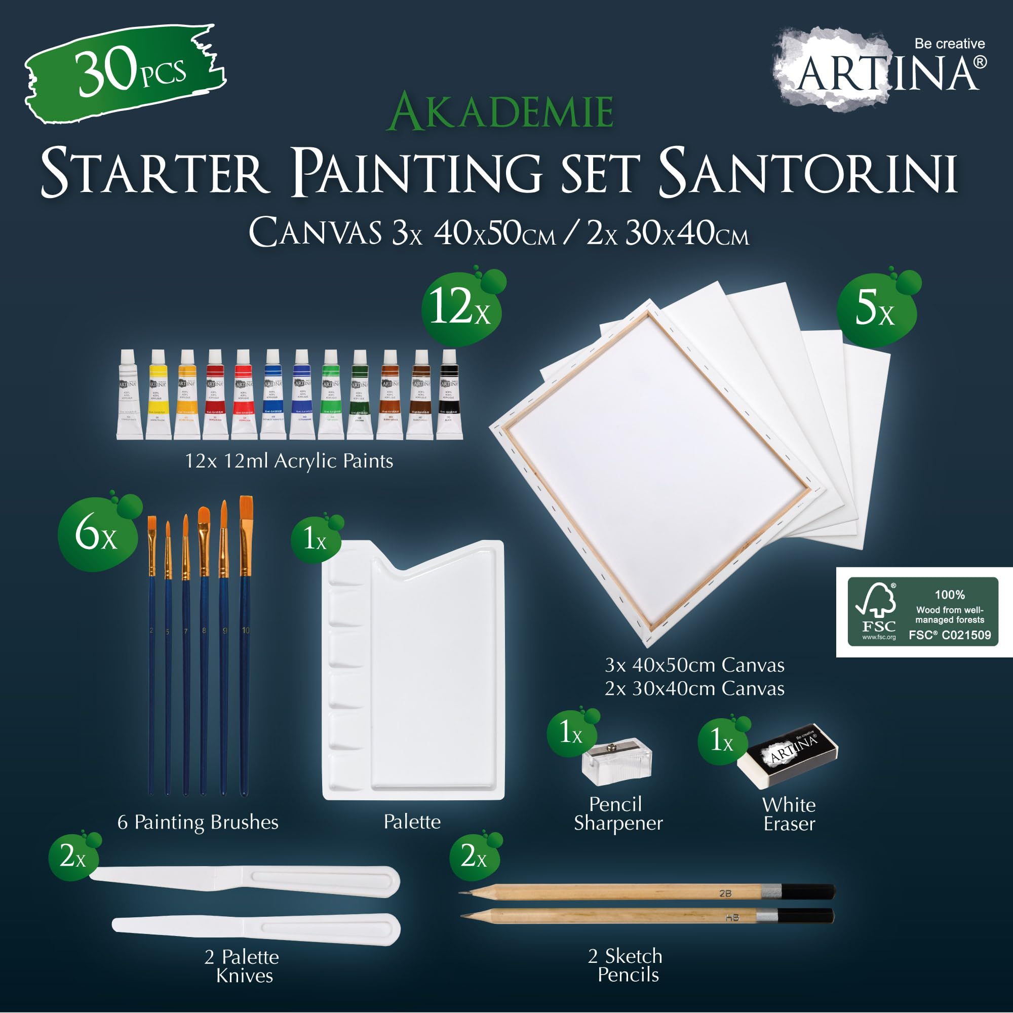 Artina – Kit de pintura 30 piezas con caballete de madera Barcelona + bastidores set Santorini – Set de acrílicos, pinceles y lienzos hasta 120cm, para iniciación y artistas aficionados