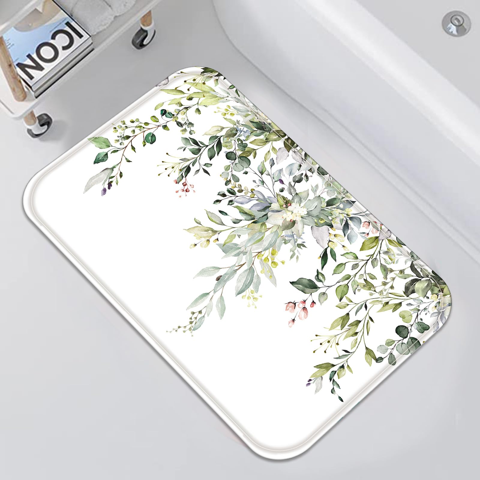 Zussun Sage Green Eucalyptus Bathroom Rugs Mat Watercolor Plant Leaves with Floral Bath Rug 24 x 20 Inch Water Absorbent Non Slip Washable Shower Mat