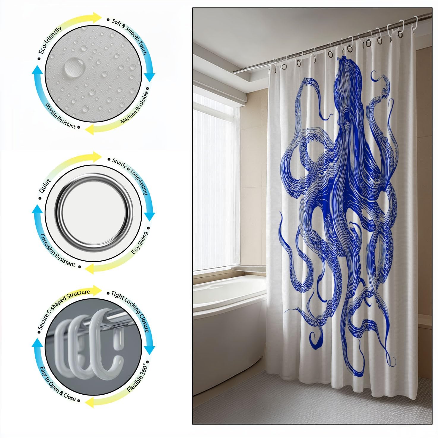 Generico Minimalista Tenda Da Doccia Fantasia Astratto Polpo Blu Bianco, Tenda Da Doccia Per Bagno, Vasca Da Bagno, Tenda In Poliestere Impermeabile Con Ganci In Plastica, 200 x 200 cm