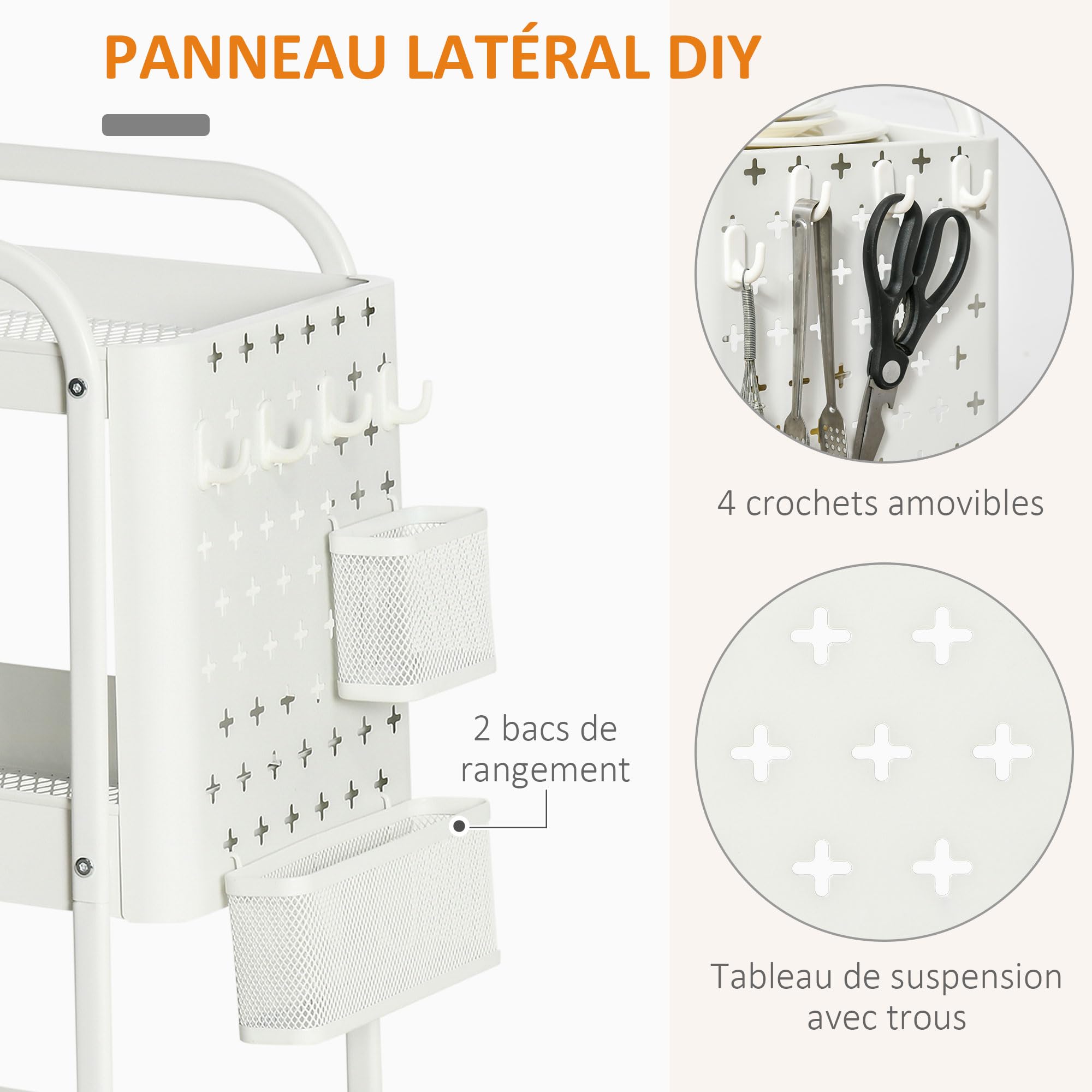 HOMCOM Desserte en Métal 3 Niveaux à roulettes 51,5L x 32l x 75,6H cm Blanc | Chariot de Rangement pour Bureau, Chariot de Service, 2 Range-Couverts, 4 Crochets