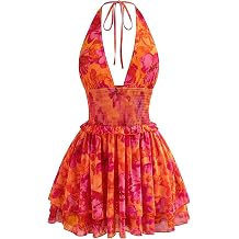 BEAUDRM Women's Floral Halter Mini Dress Boho Ruffle Layered Tie Backless Sleeveless Summer Vacation Sundress