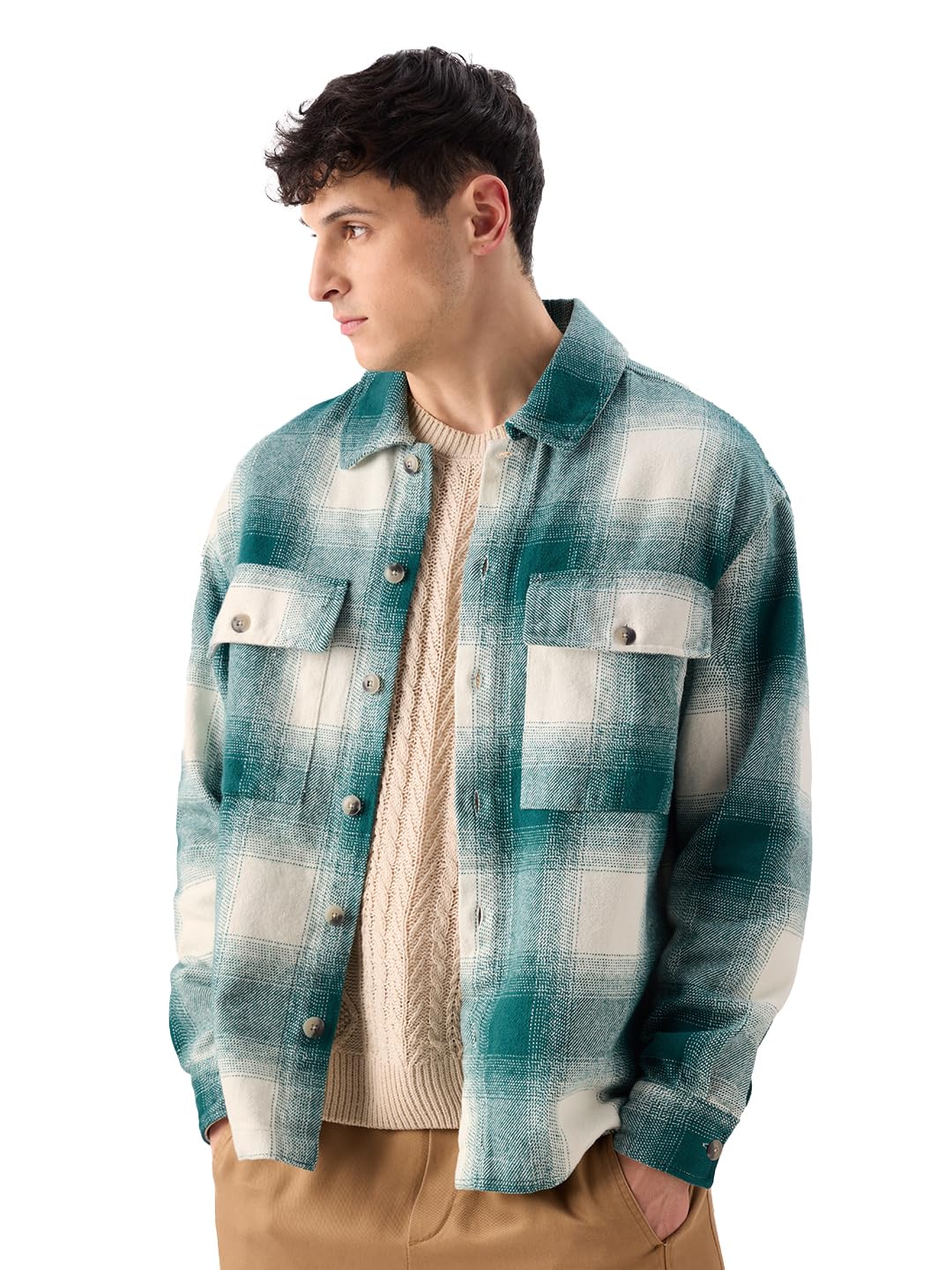 Plaid: Light Emerald And White Men and Boys Long Sleeves Collared Neck Button Front Cotton Oversized Flannel Shackets-image-1
