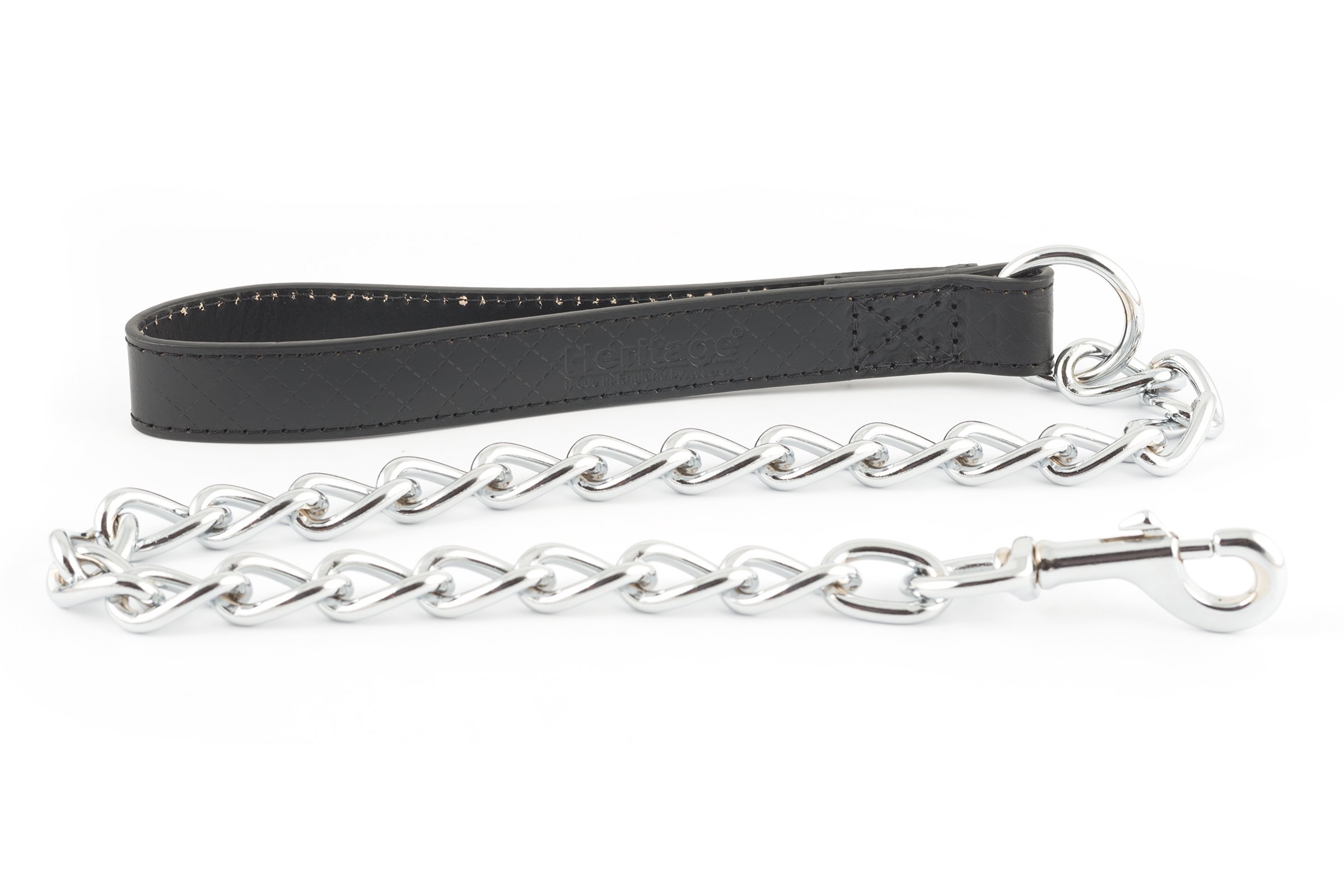 Ancol Heritage Diamond Extra Heavy Leather Chain Lead for Dogs - Black English Bridle Leather Handle with Welded Link Chain - Embossed Diamond Quilt Design - 80cm