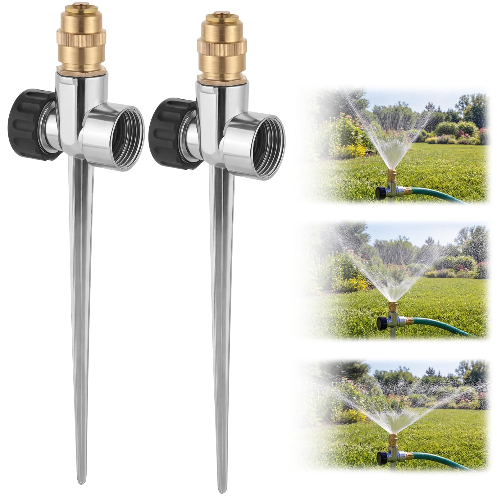 Rasensprenger für Hof, Metall, 360°-Abdeckung, Sprinkler mit Aluminium-Legierung, verstellbarer Wasserdurchfluss, Messingdüse für Hof, Garten, Gemüse, kleine/mittlere Rasenbewässerung, 2 Stück
