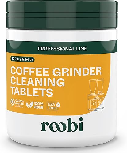 Roobi Tabletas de limpieza profesional para molinillo de café. Limpiador de molinillo de café neutro en carbono. Hasta 14 limpias, 17.64 oz.