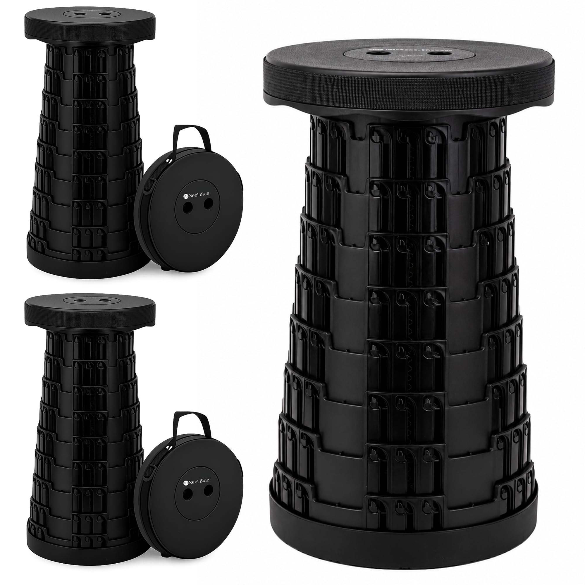 Event Decor Shop Tabouret de camping télescopique pliable 200 kg – Noir, 3 pièces | Siège réglable, tabouret rétractable en plastique haute résistance pour événements et activités en intérieur et en extérieur