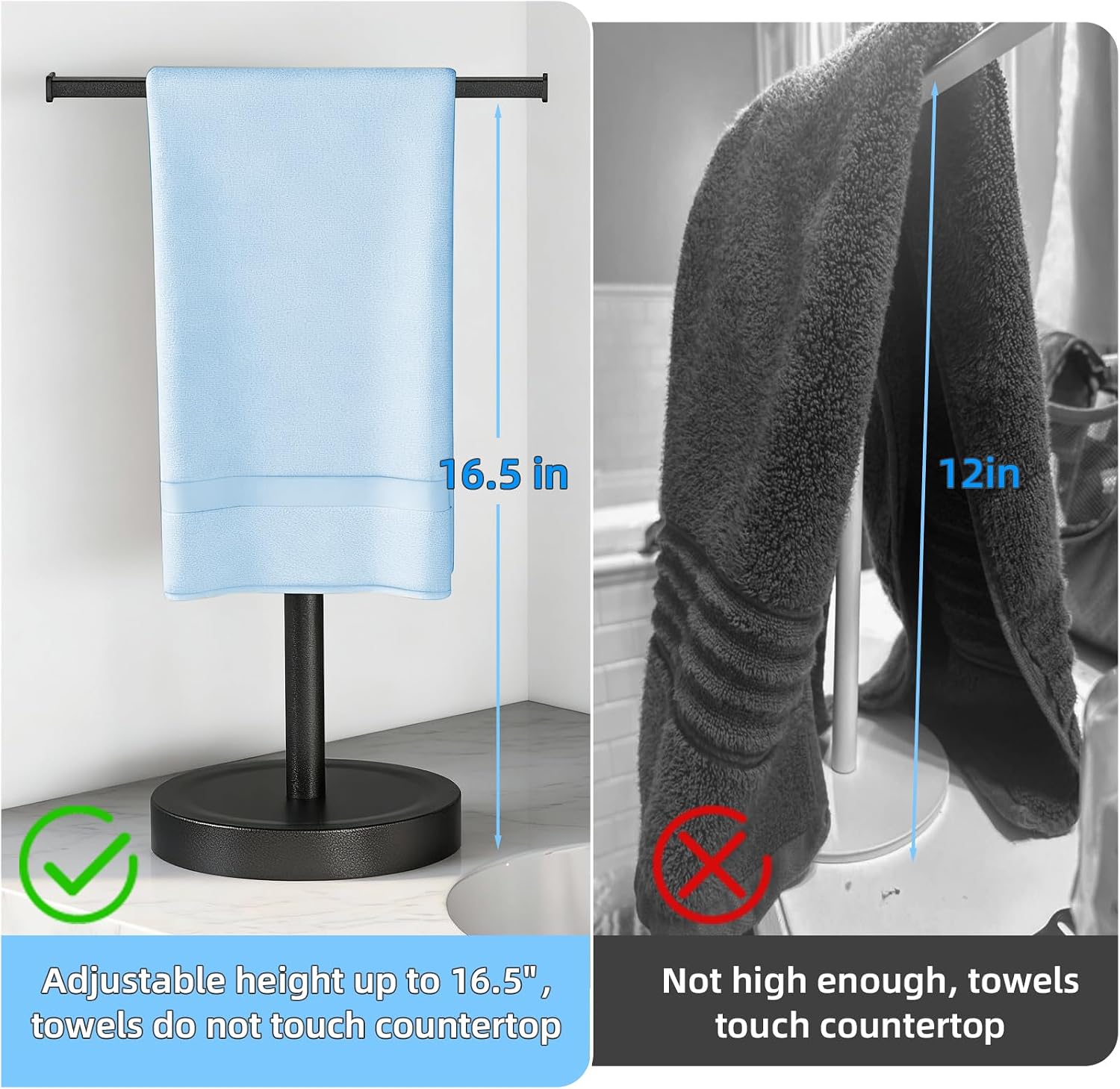 Hand Towel Stand, Stainless Steel Hand Towel Holder Rack for Bathroom Countertop, 16.5Inch Adjustable Retractable T-Shape Free Standing Hand Towel Rack for Bathroom Kitchen Countertop, Matte Black