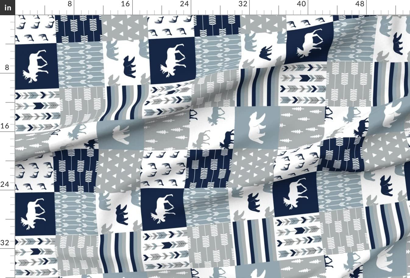 Spoonflower Fabric - Wholecloth Moose Bear Navy Rustic Woods Blue Grey Woodland Patchwork Printed on Minky Fabric by The Yard - Sewing Baby Blankets Quilt Backing Plush