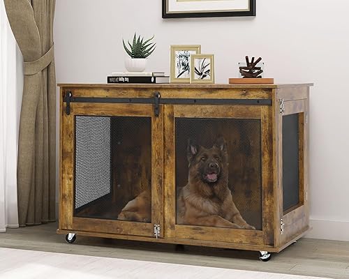 Miniatura 8 de LINLUX Muebles grandes de jaula para perros de 47 pulgadas, perrera de madera resistente XL para interiores, mesa decorativa para perros grandes,