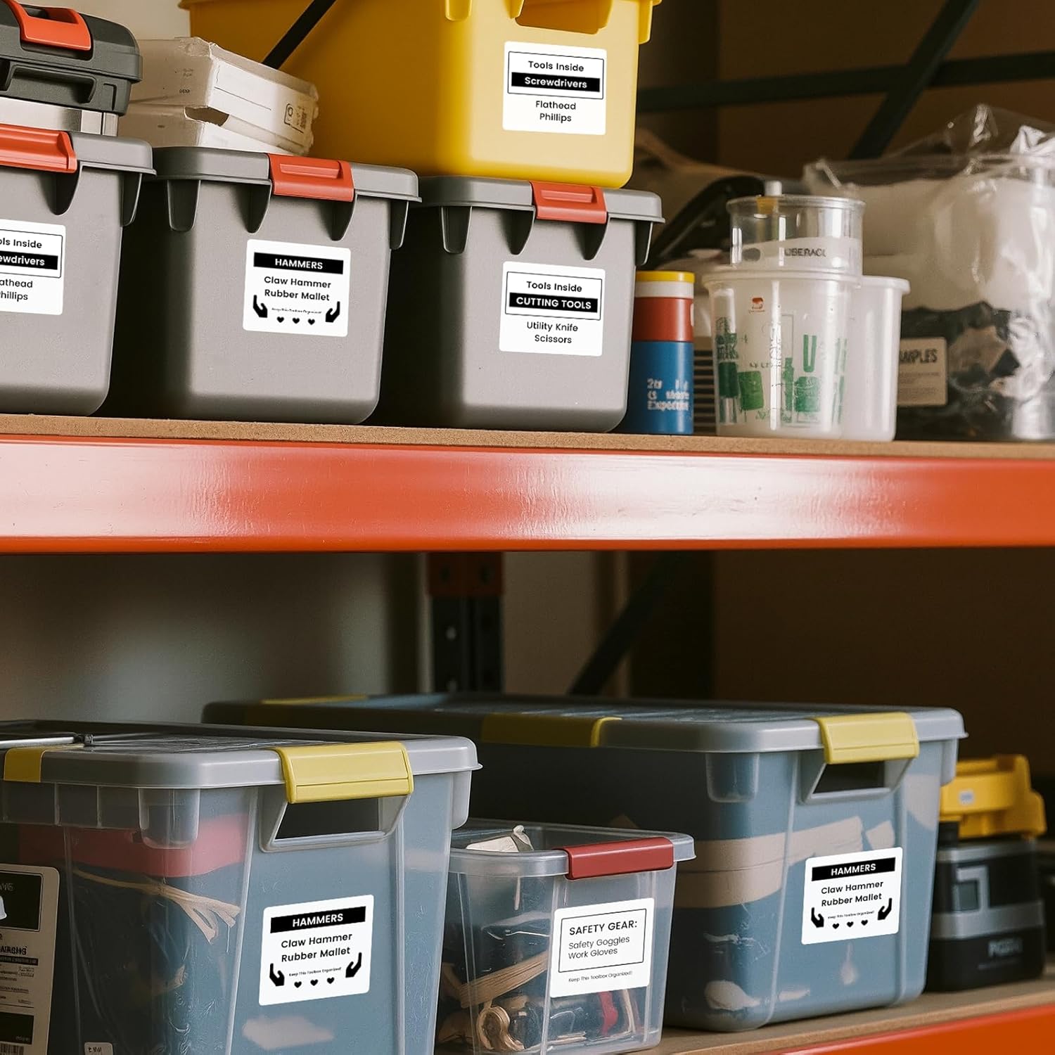 Storage bins organized with labels printed by the Phomemo M260 Label Printer.