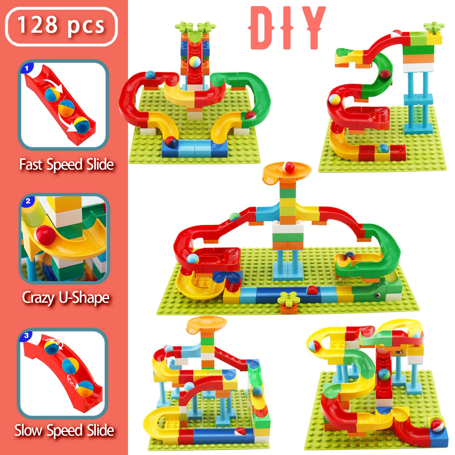 Bloques de construcción Marble Run para niños de 3 a 8 años, juego de 128 piezas de ladrillos de construcción STEM con juego de anillo de lanzamiento, juguetes educativos de aprendizaje para 5
